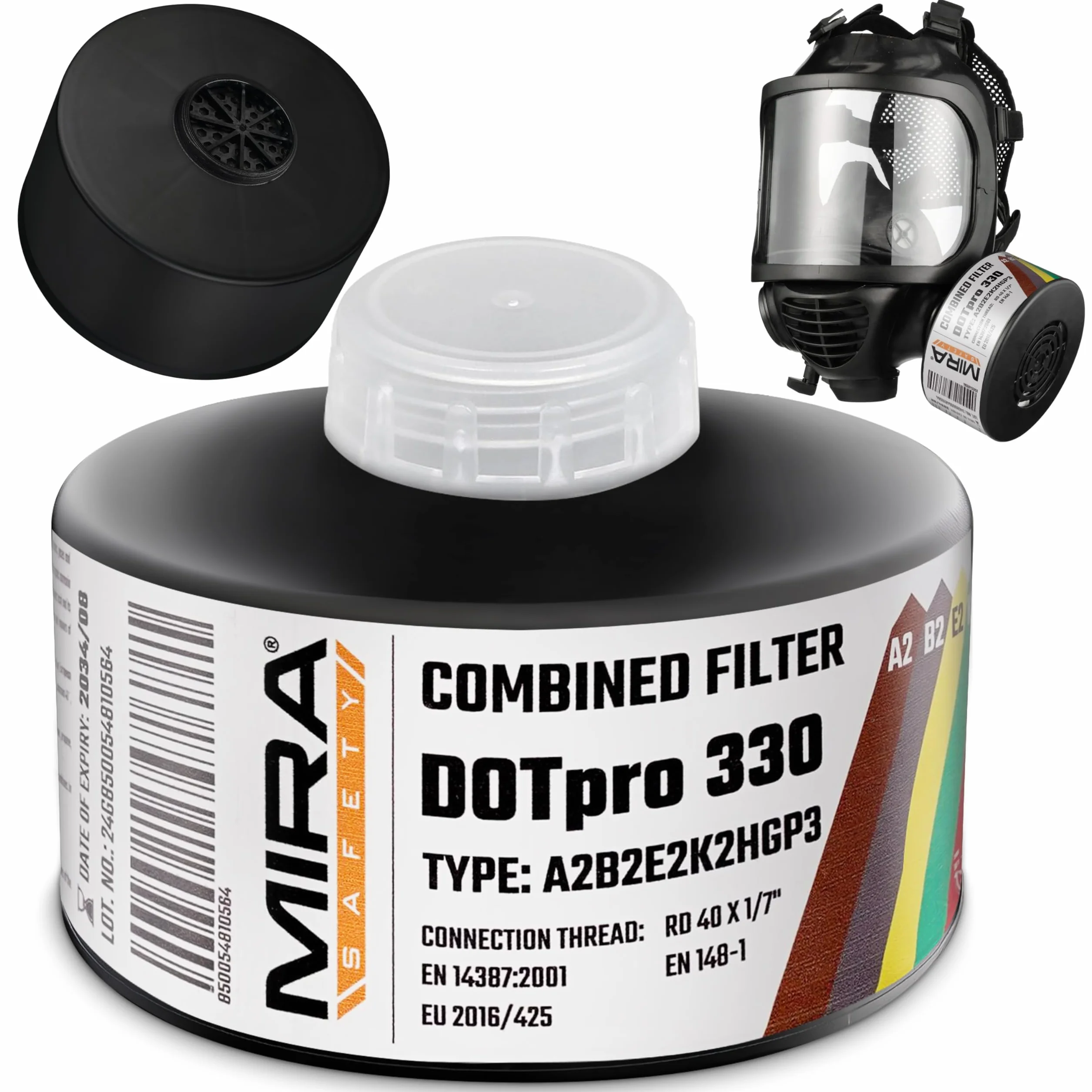 MIRA Safety DotPro 330 filtr maski gazowej klasy przemysłowej | A2 B2 E2 K2 HG P3 ocena filtra | długi okres przydatności do spożycia, filtr NATO 40 mm, pasuje do masek gazowych CBRN