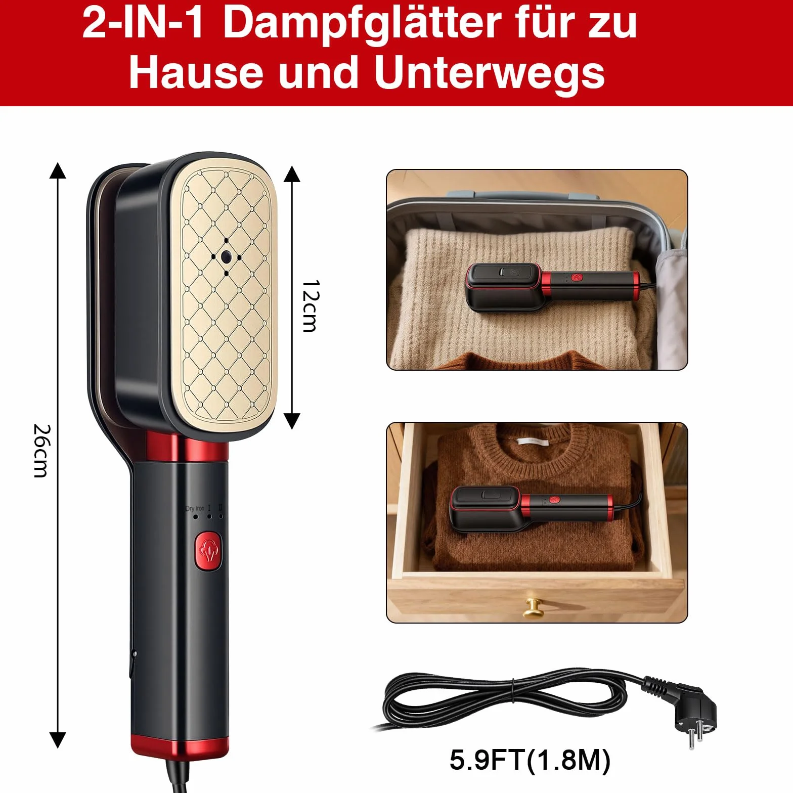 ERWEY Parownica parowa, 1000 W, żelazko turystyczne 3 w 1, szybkie nagrzewanie parownicy 20 s, długość kabla 1.8M, obracany uchwyt 180°, do podróży, domu, czarna