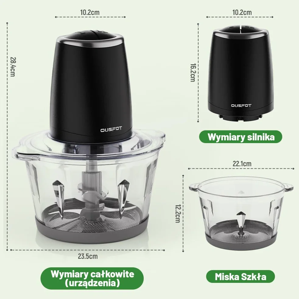 OUSFOT Elektryczny Siekacz do Zywności, 1,8L blender,500W Siekacz,Mini Elektryczny ze Szklaną Miską do Warzyw,Owoców,Mięsa,Kuchni