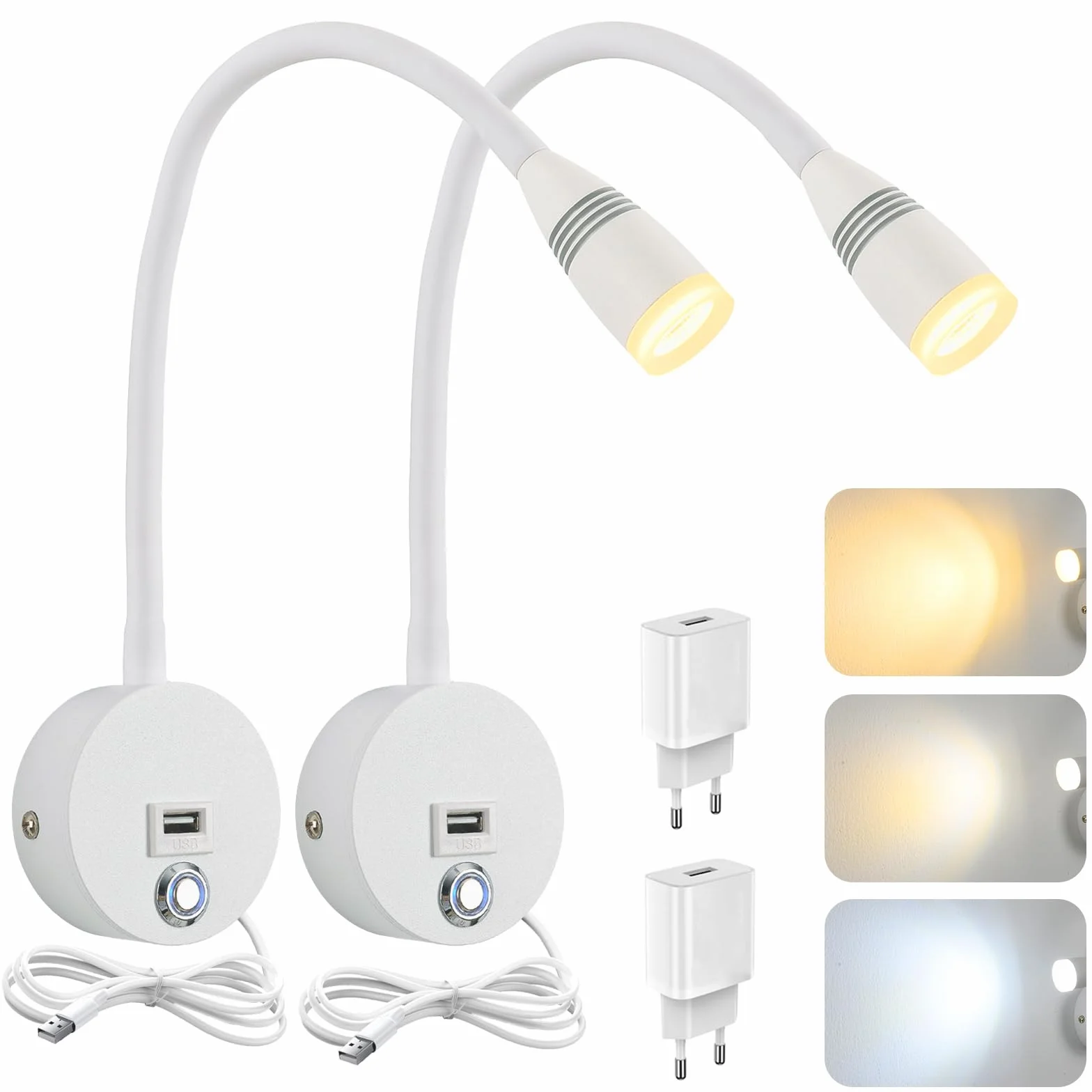 lampa ścienna led 6W światło do czytania, Lampka do czytania z przełącznikiem, Lampa na gęsiej szyi łabędzia lampa do czytania nowoczesna regulowane oświetlenie ścienne, Ściemniania 3000K-6500K, z kablem o długości 1,9 m i wtyczką