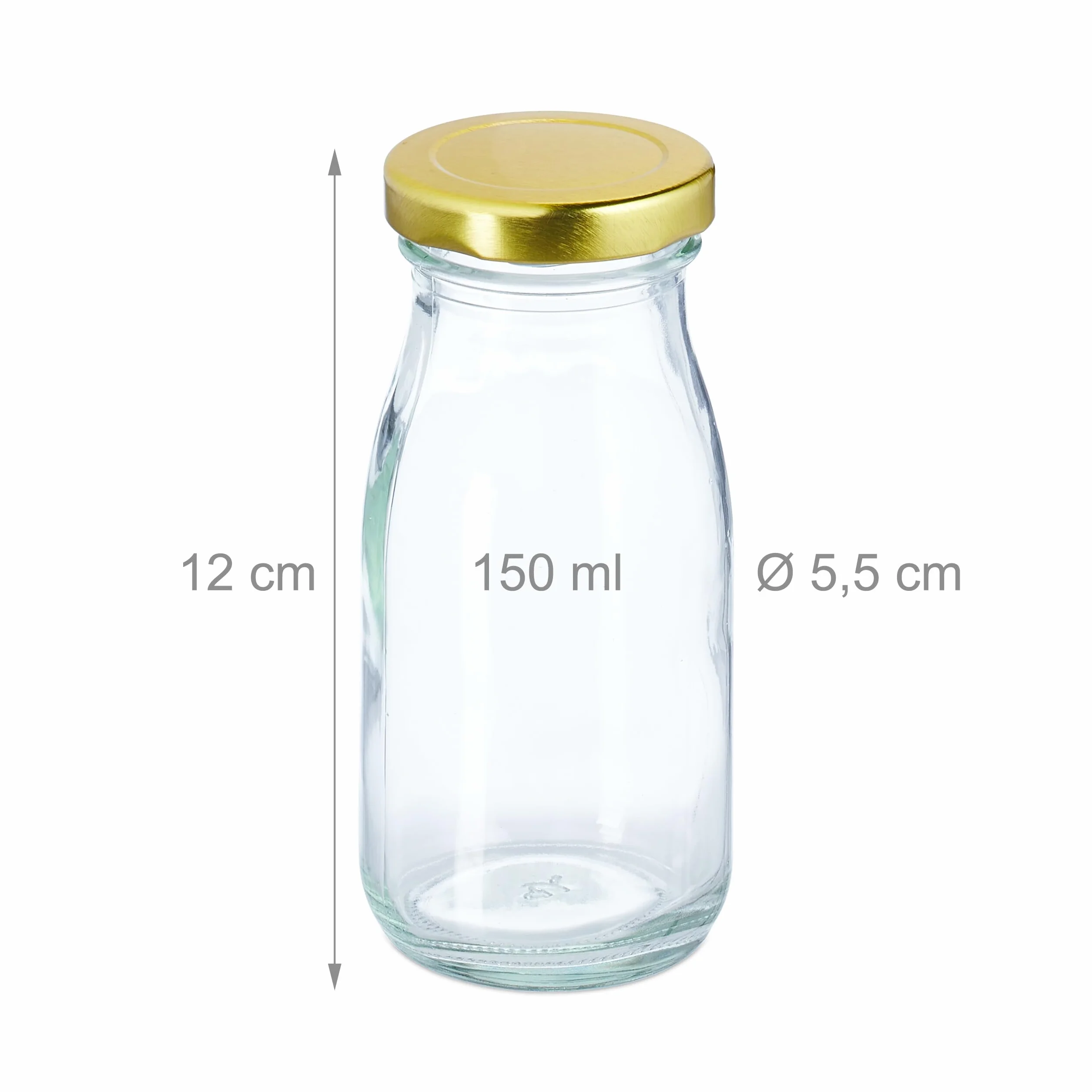 Relaxdays 24 szklane butelki 150 ml, z zakrętką, do smoothie, soku, mleka, wielokrotnego napełniania, przezroczyste/złote