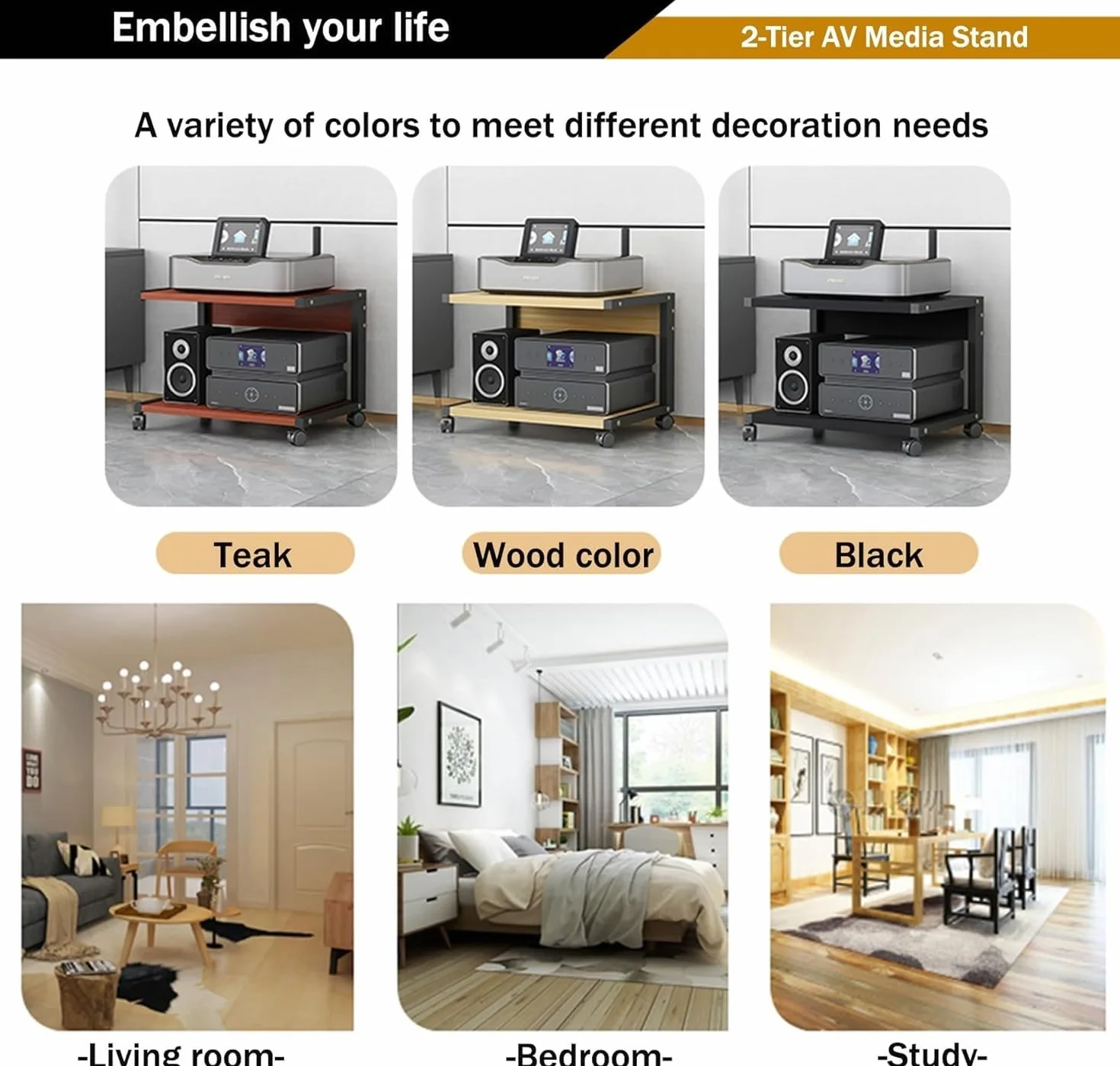 Stojak Na Sprzęt HiFi, 2-poziomowy Stojak Na Sprzęt Audio AV Z Kółkami, Drewniana Szafka Pod Telewizor Stereo, Do Salonów, Pokojów Gier, Centrów Rozrywki(Black,50x40x35cm)