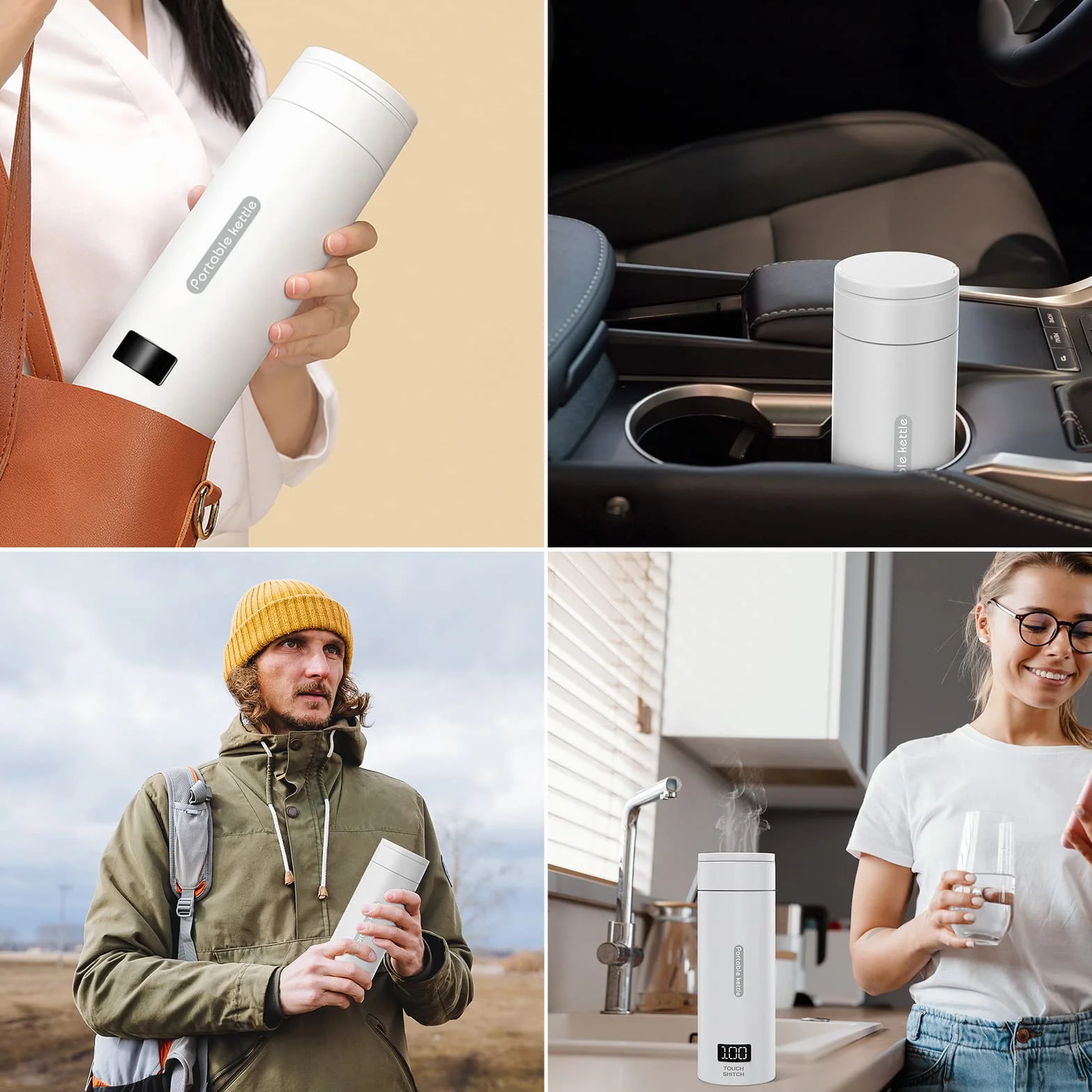 Flintronic 3 w 1 przenośny czajnik elektryczny 380 ml, 380 ml, elektryczny czajnik elektryczny, elektryczny podgrzewany kubek, czajnik ze stali nierdzewnej, do herbaty mlecznej (biały)
