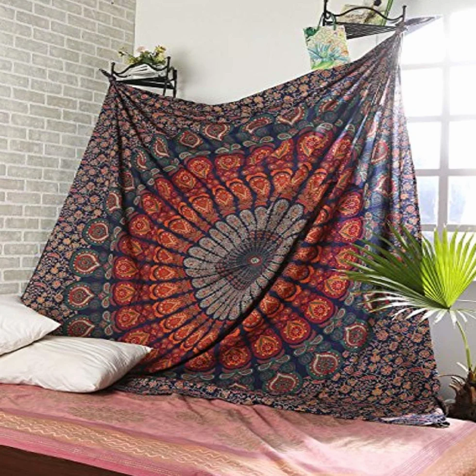 RAJRANG Gobelin z mandalą do sypialni, 213 x 230 cm, 100% bawełna, sztuka wisząca, ręcznik plażowy, paw, narzuta, boho, estetyczna dekoracja domu, gobeliny z piórami, złoto-niebieski