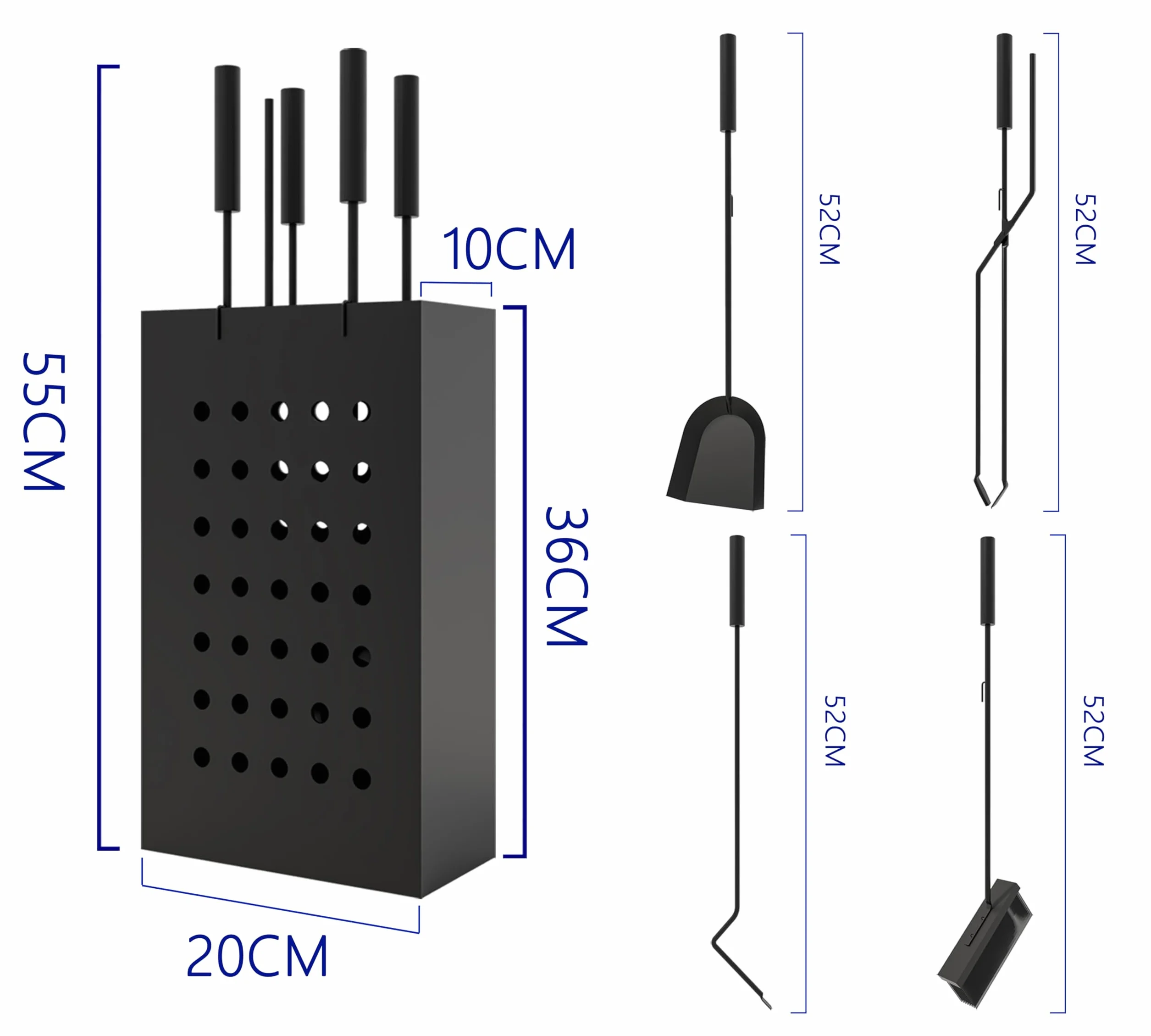 Kingson Zestaw kominkowy Black Iron z prostokątnym wiadrem na popiół, 4 narzędzia do zawieszania (poker, szczotka, łopata, szczypce), kompaktowy zestaw narzędzi kominkowych do palników na drewno