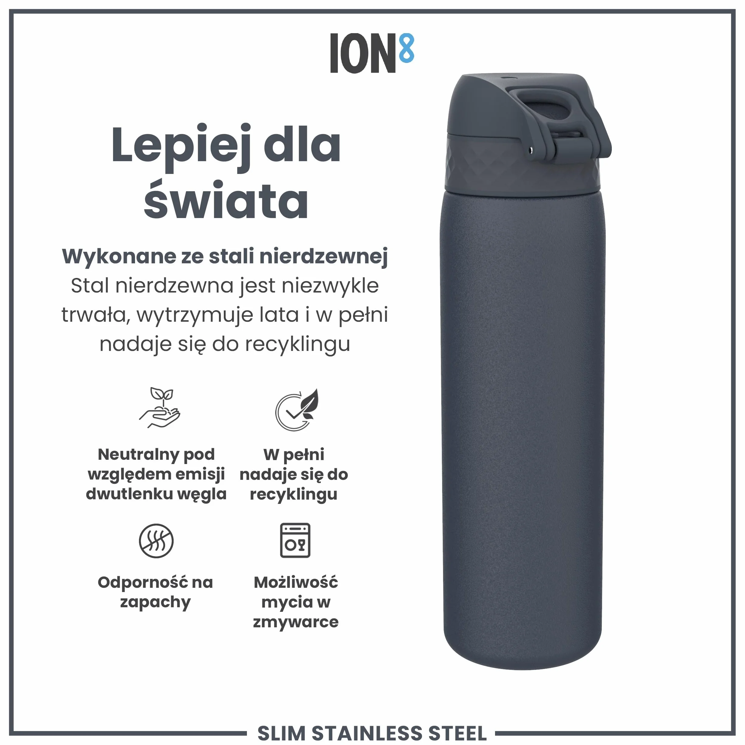 Ion8 Butelka na Wodę ze Stali, 600 ml/20 oz, Szczelna, Łatwe Otwieranie, Bezpieczny Zamek, Można Myć w Zmywarce, Higieniczne Pokrycie, Pasuje do Uchwytów, Składany Uchwyt, Metalowa Butelka