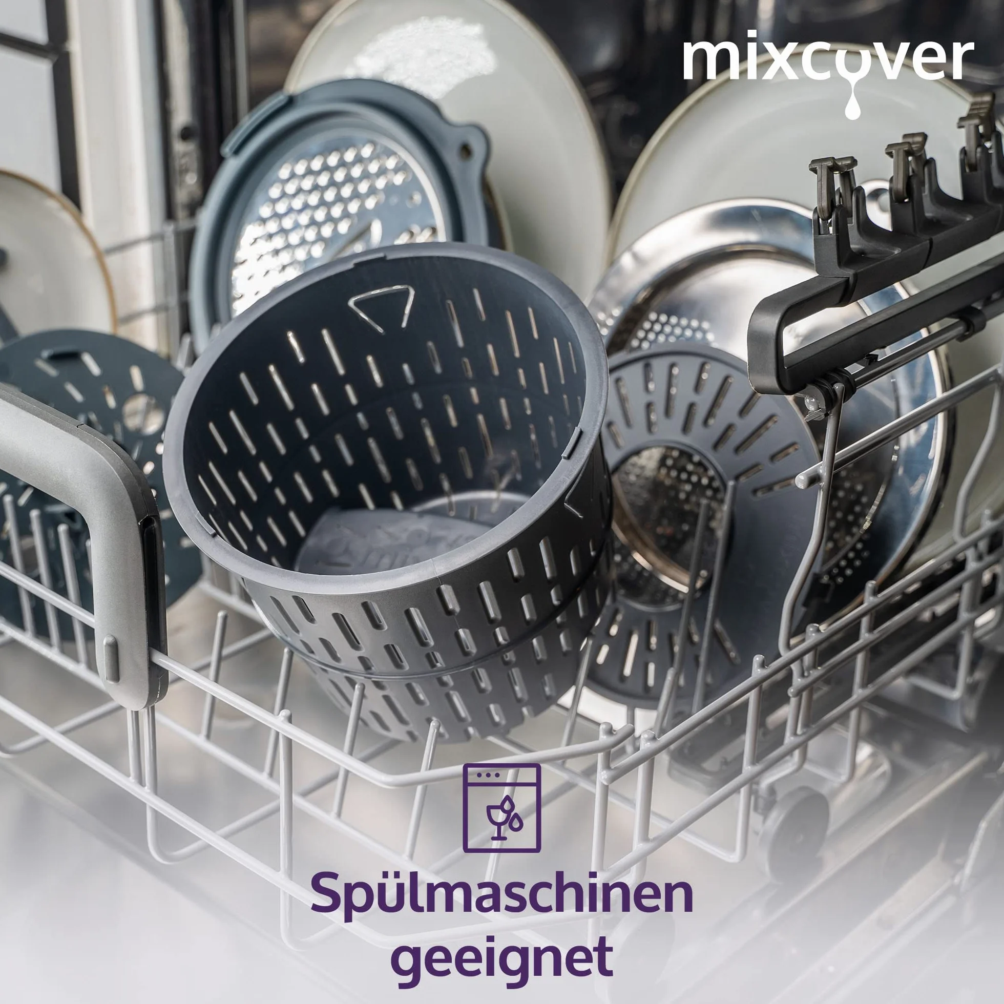 mixcover ulepszona wersja wirówki do sałat z e-bookiem z książeczką przepisów, kompatybilna z Thermomix TM7 TM6 TM5 – mycie i suszenie sałaty – suszarka do sałat - również do gotowania