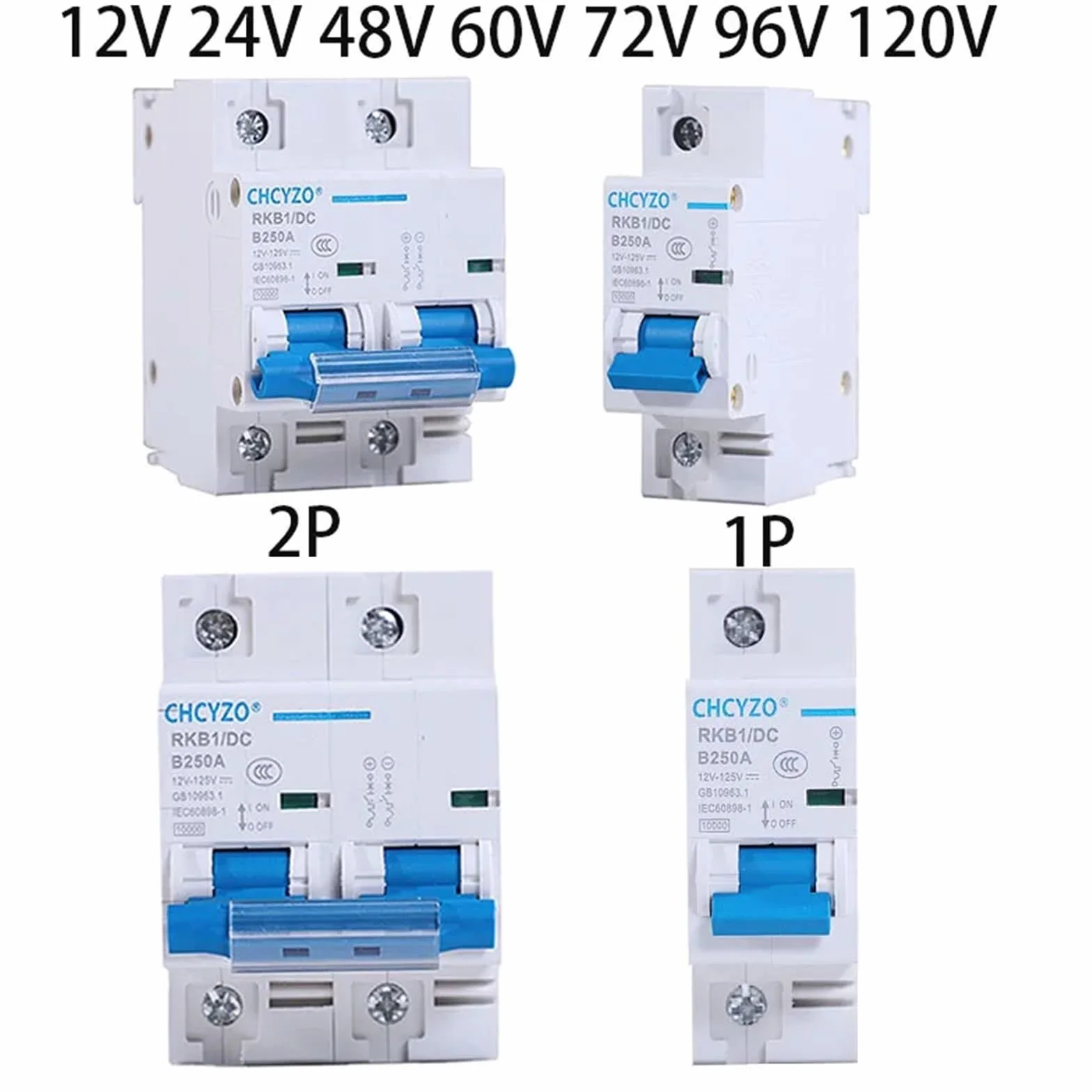 Wyłącznik DC 1P/2P 12 V 24 V 36 V 48 V 60 V 72 V 96 V 120 V 100 A 125 A 150 A 200 A 250 A do baterii solarnych falownika (kolor: 2P, rozmiar: 150A)
