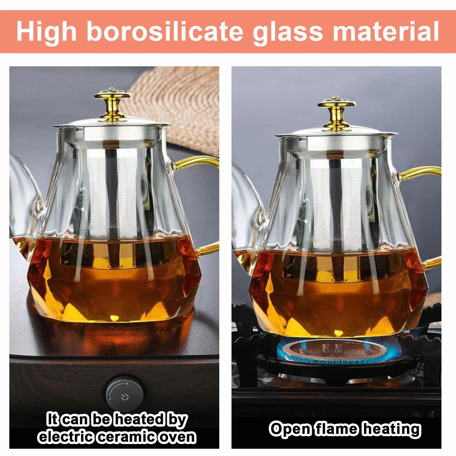 Dzbanek do herbaty z sitkiem, 1000 ml, szklany dzbanek z odpornego na wysokie temperatury szkła borokrzemowego, przezroczysty zaparzacz do herbaty, herbaty kwiatowej, herbaty ziołowej i torebek