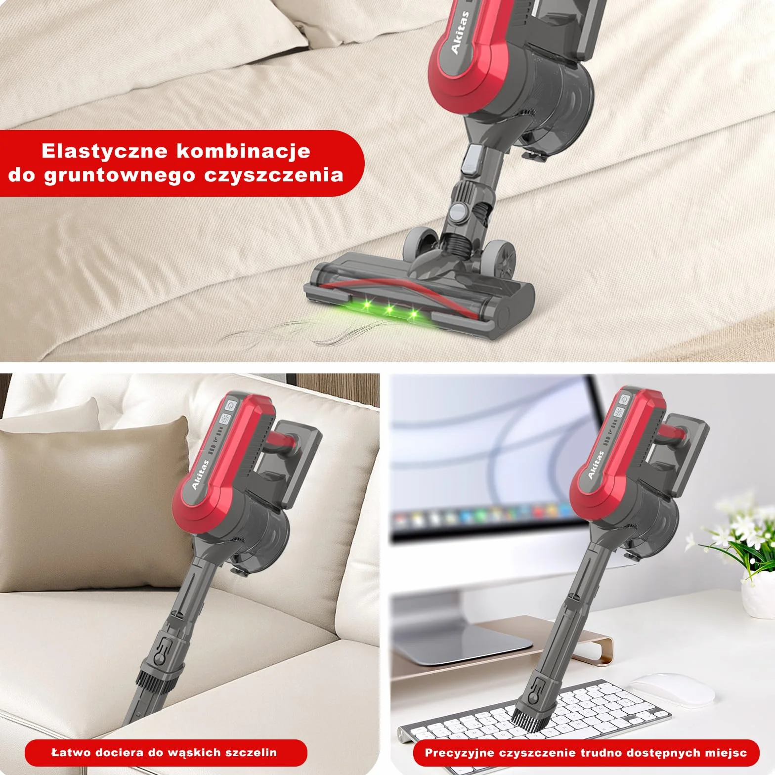 Akitas V10A Bezprzewodowy Odkurzacz 450W BLDC, 45 kPa, 60 min Pracy, Lekki Pionowy i Ręczny z LED Power Brush, Anti-Tangle, do Dywanów, Twardych Podłóg i Sierści Zwierząt