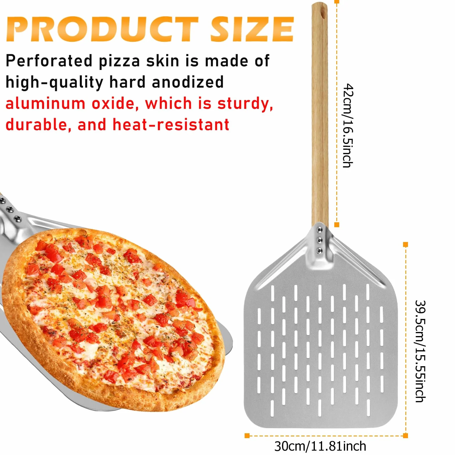 HOMURY Perforowana łopatka do pizzy 30 cm ze zdejmowanym uchwytem z twardego anodowanego aluminium