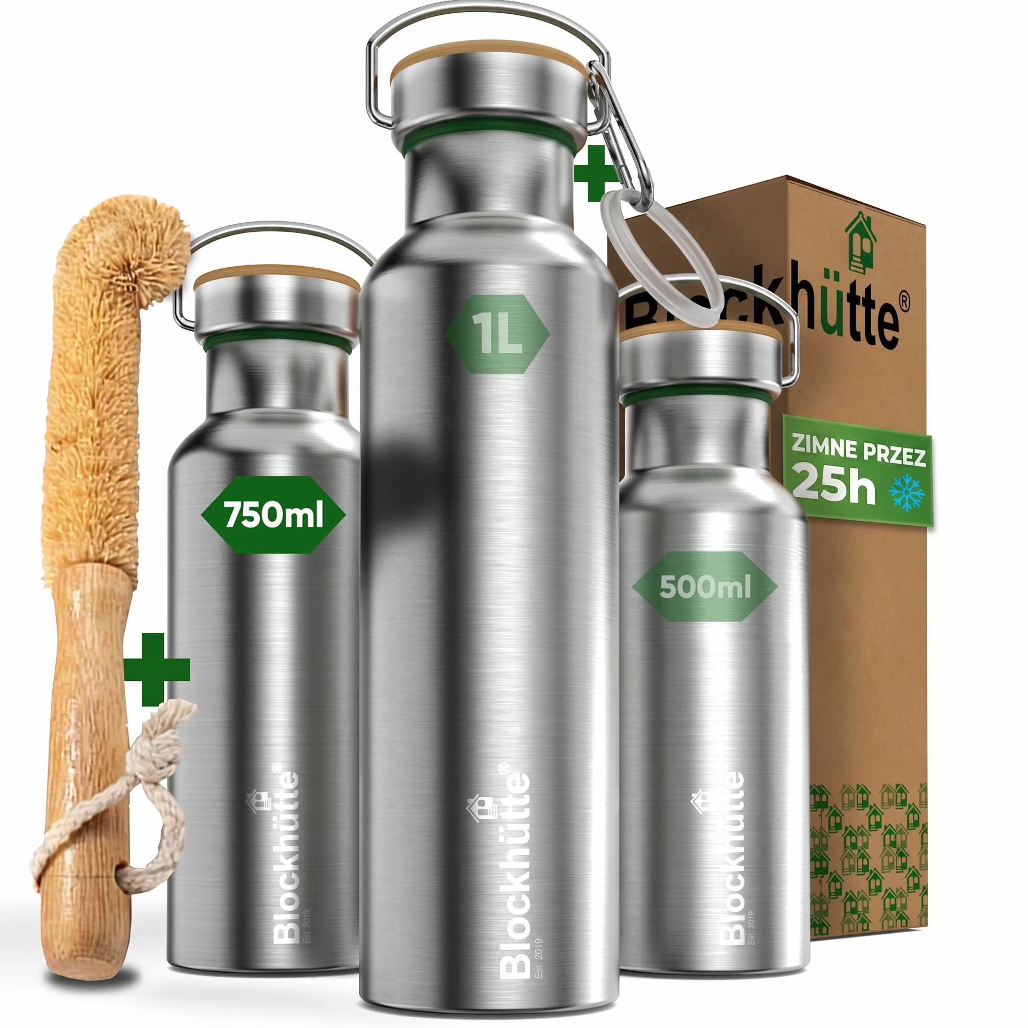 Blockhütte. Butelka na napoje, ze stali nierdzewnej, premium, izolowana, 750 ml, z ekologiczną szczotką do czyszczenia butelki, zabezpieczona przed wyciekiem, nadaje się do zmywarki, do sportu, bez bisfenolu A