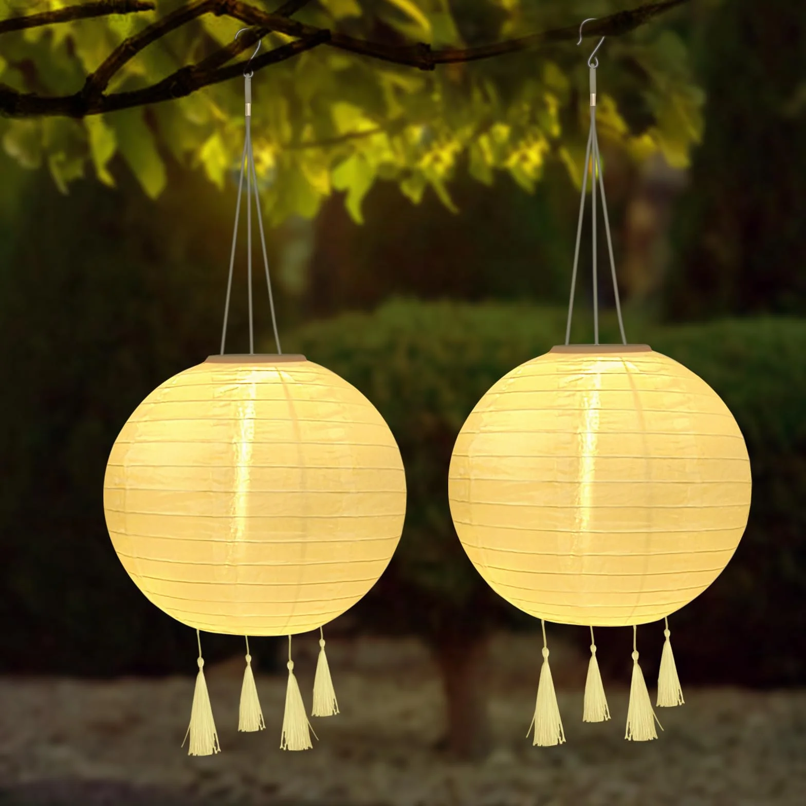 Lampiony solarne, 2 sztuki, 25 cm, do użytku na zewnątrz, odporne na warunki atmosferyczne, wodoszczelne lampiony LED z 4 frędzlami, wisząca nylonowa latarnia do ogrodu, na podwórko, balkon