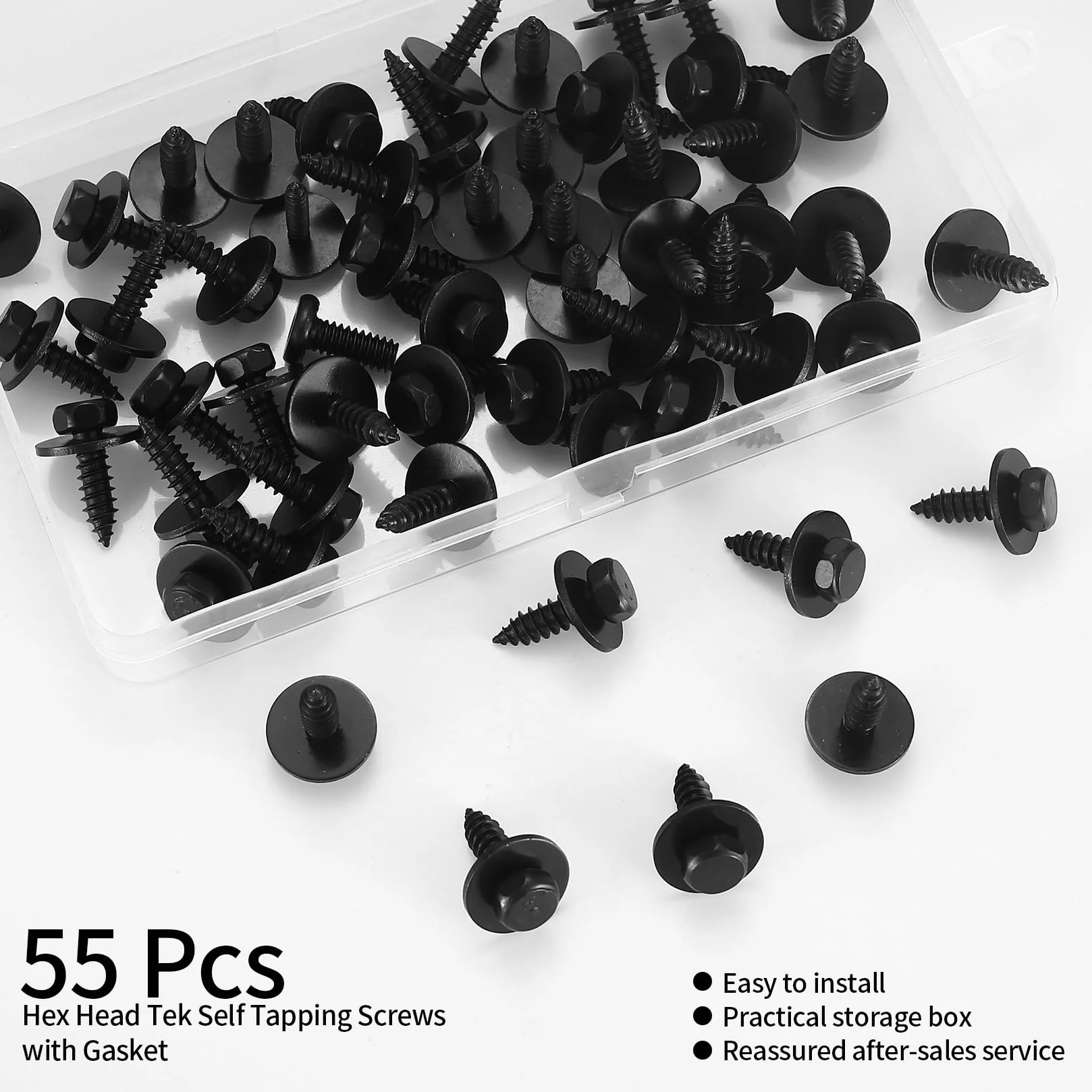 ywchaoshe 55 szt. Samogwintujących wkrętów z nakrętką sześciokątną i uszczelką, 5,5-6 mm x 19 mm Samogwintujące wkręty sześciokątne, samozaciskowe, czarne, do karoserii samochodowych i metalu