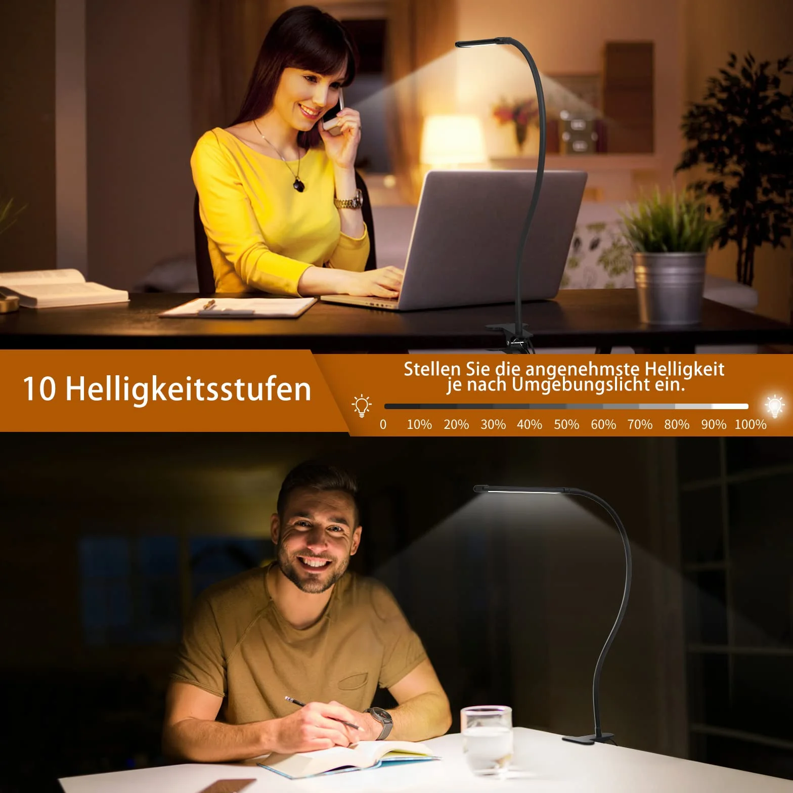 Lampa biurkowa iZELL 77 LED [niezwykła moc oświetlenia] Lampa 70 cm z zaciskiem, 3 kolory i 10 poziomów jasności 360° Elastyczna lampa do czytania z ładowarką USB do domu/bi