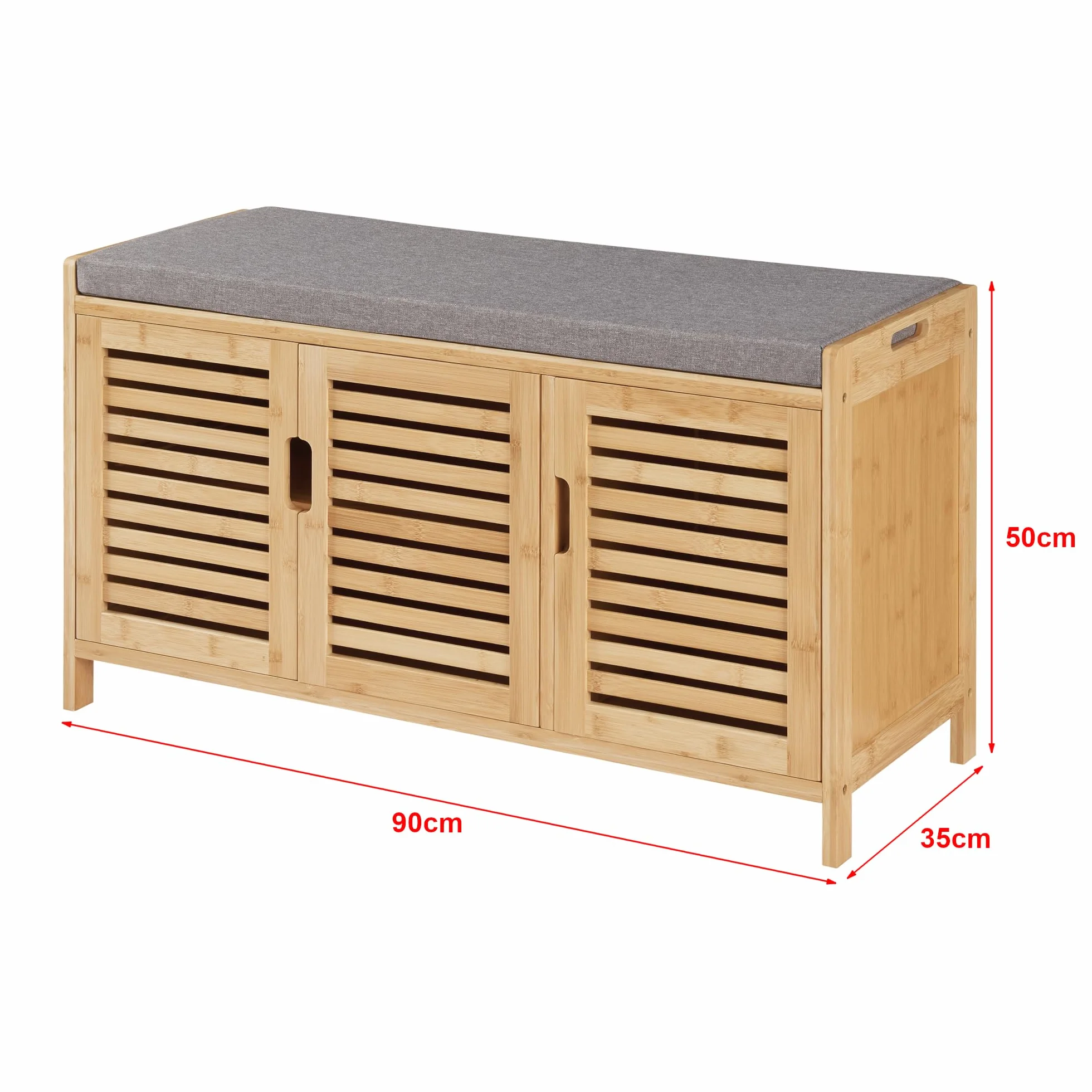 [en.casa] Selk szafka na buty z miejscem do przechowywania, ławka na buty z 3 drzwiami i 1 półką, 50 x 90 x 35 cm, tapicerowane siedzisko, bambus, kolor naturalny