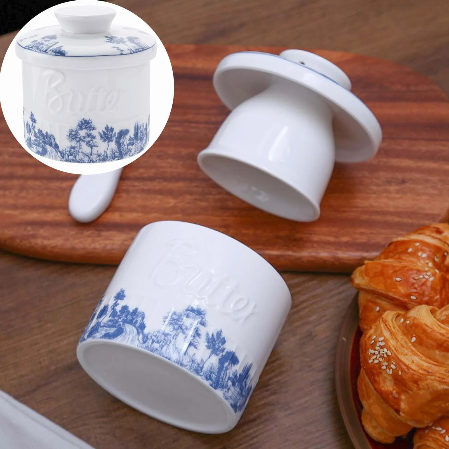GBKDQQ Francuska ceramiczna maselniczka, okrągła ceramiczna maselniczka, dzbanek na masło, porcelana vintage z pokrywką do przechowywania świeżego, miękkiego, gotowego do spożycia masła