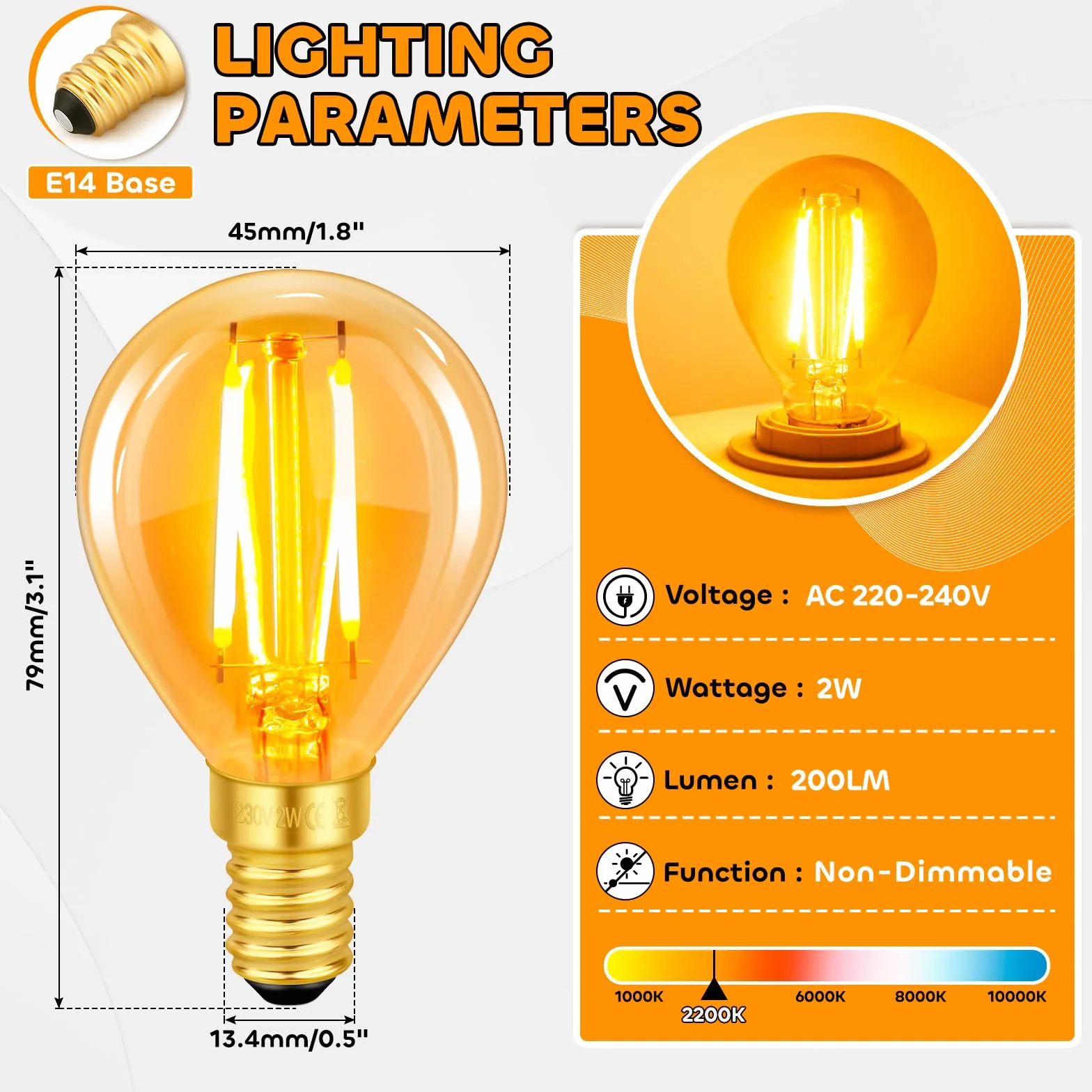 Żarówka LED E14, ekwiwalent 40 W, ciepła biel 2200 K, G45 Golf Filament Retro, 320 lm, AC 220 V, nie ściemniane, dekoracyjne do restauracji, kawiarni, baru, 2 sztuki w zestawie
