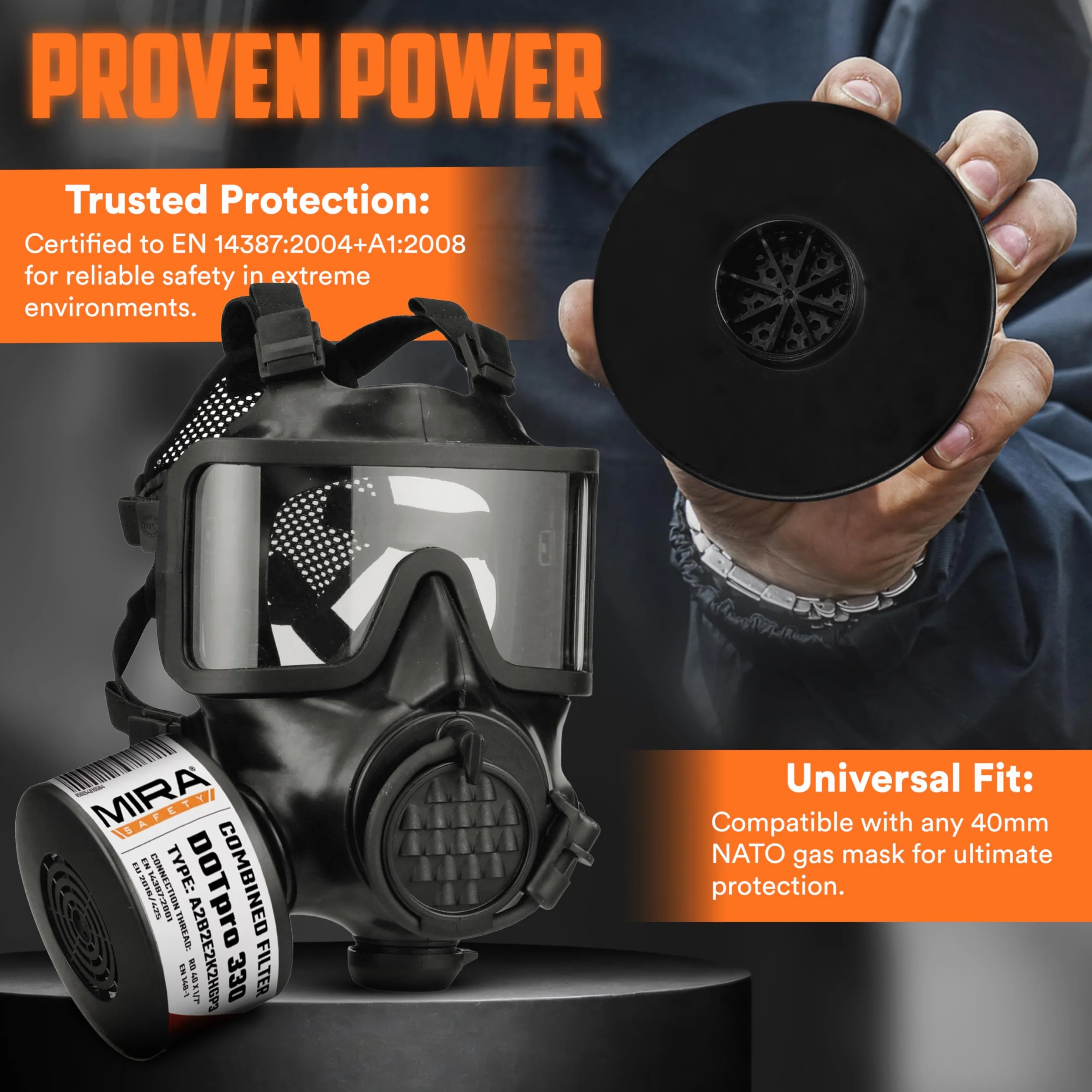 MIRA Safety DotPro 330 filtr maski gazowej klasy przemysłowej | A2 B2 E2 K2 HG P3 ocena filtra | długi okres przydatności do spożycia, filtr NATO 40 mm, pasuje do masek gazowych CBRN