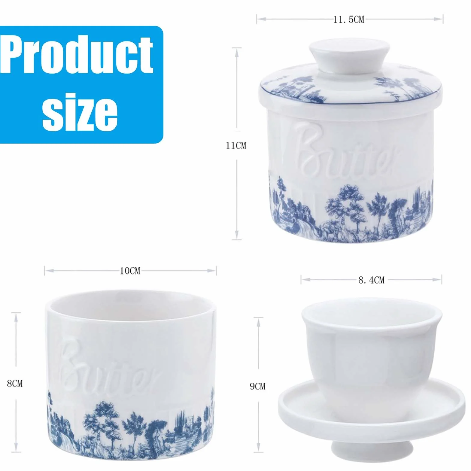 GBKDQQ Francuska ceramiczna maselniczka, okrągła ceramiczna maselniczka, dzbanek na masło, porcelana vintage z pokrywką do przechowywania świeżego, miękkiego, gotowego do spożycia masła