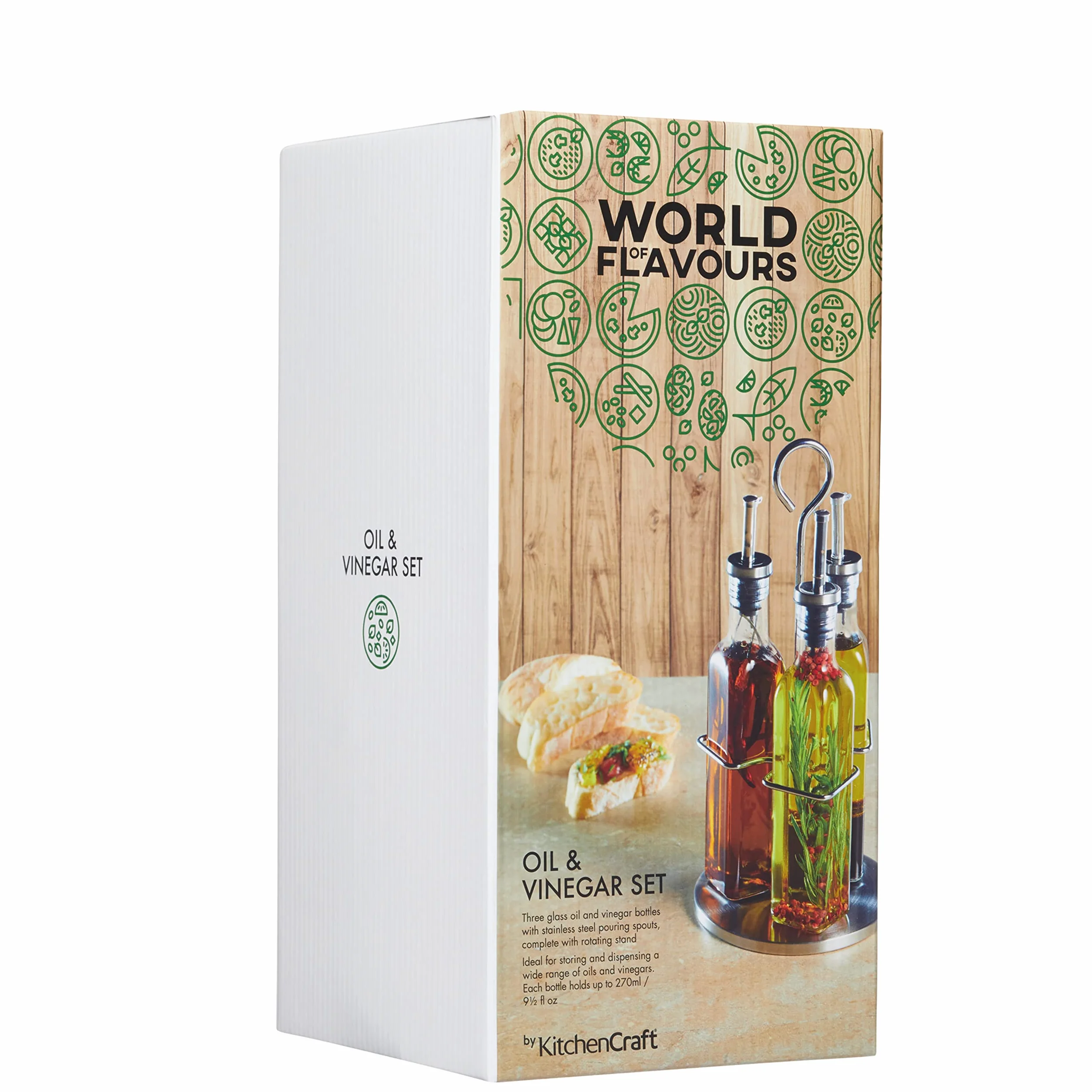KitchenCraft World of Flavours, zestaw butelek na olej i ocet ze stelażem ze stali nierdzewnej i zdejmowanym korkiem, dozownik oleju, butelka na oliwę z oliwek i butelka octu ze szkła, zestaw 4 sztuk