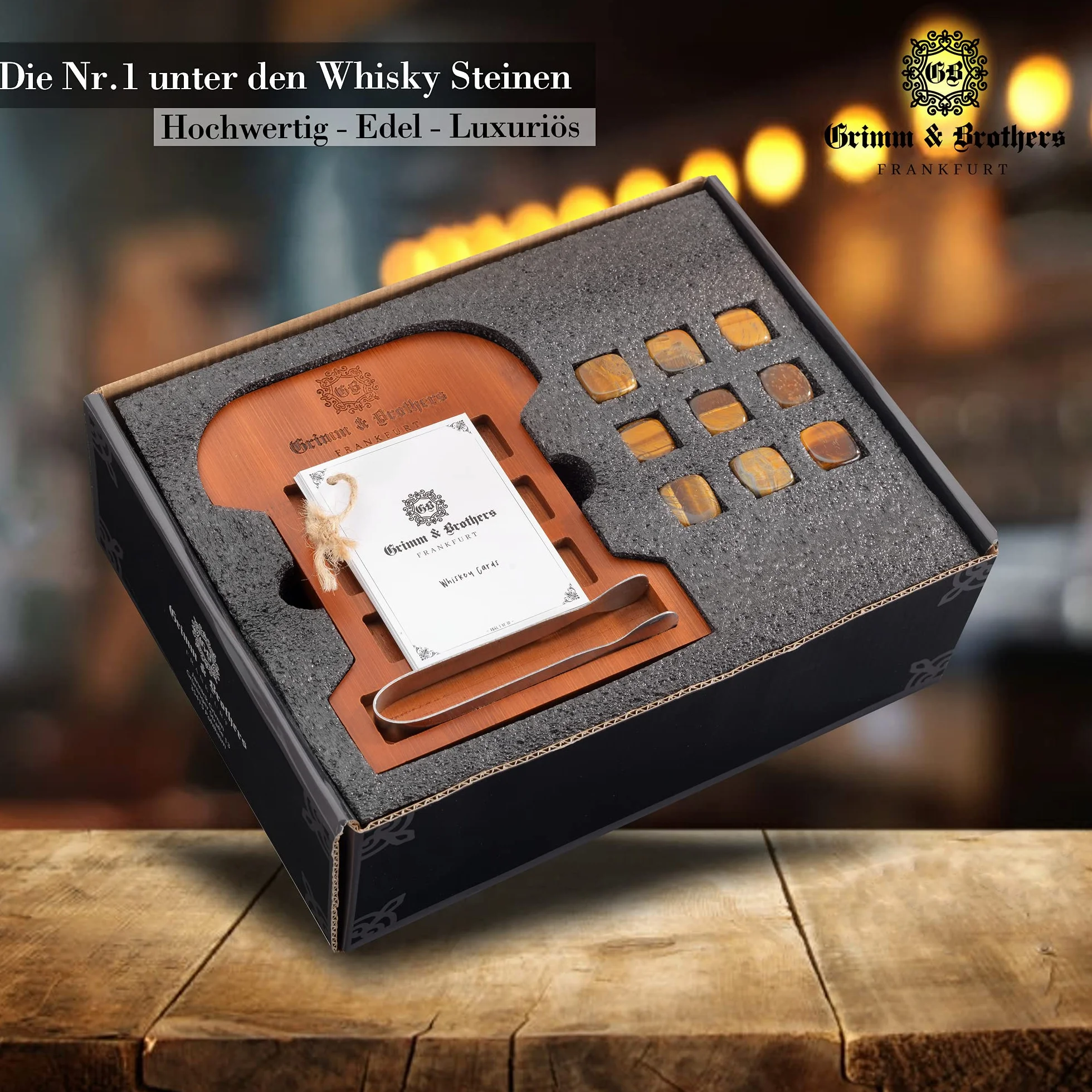 Grimm & Brothers: Zestaw kamieni do whisky, 9 kamieni tygrysie oko, grawerowana rama bambusowa, kamienie chłodzące, prezenty dla mężczyzn, kostki lodu wielokrotnego użytku, zestaw upominkowy