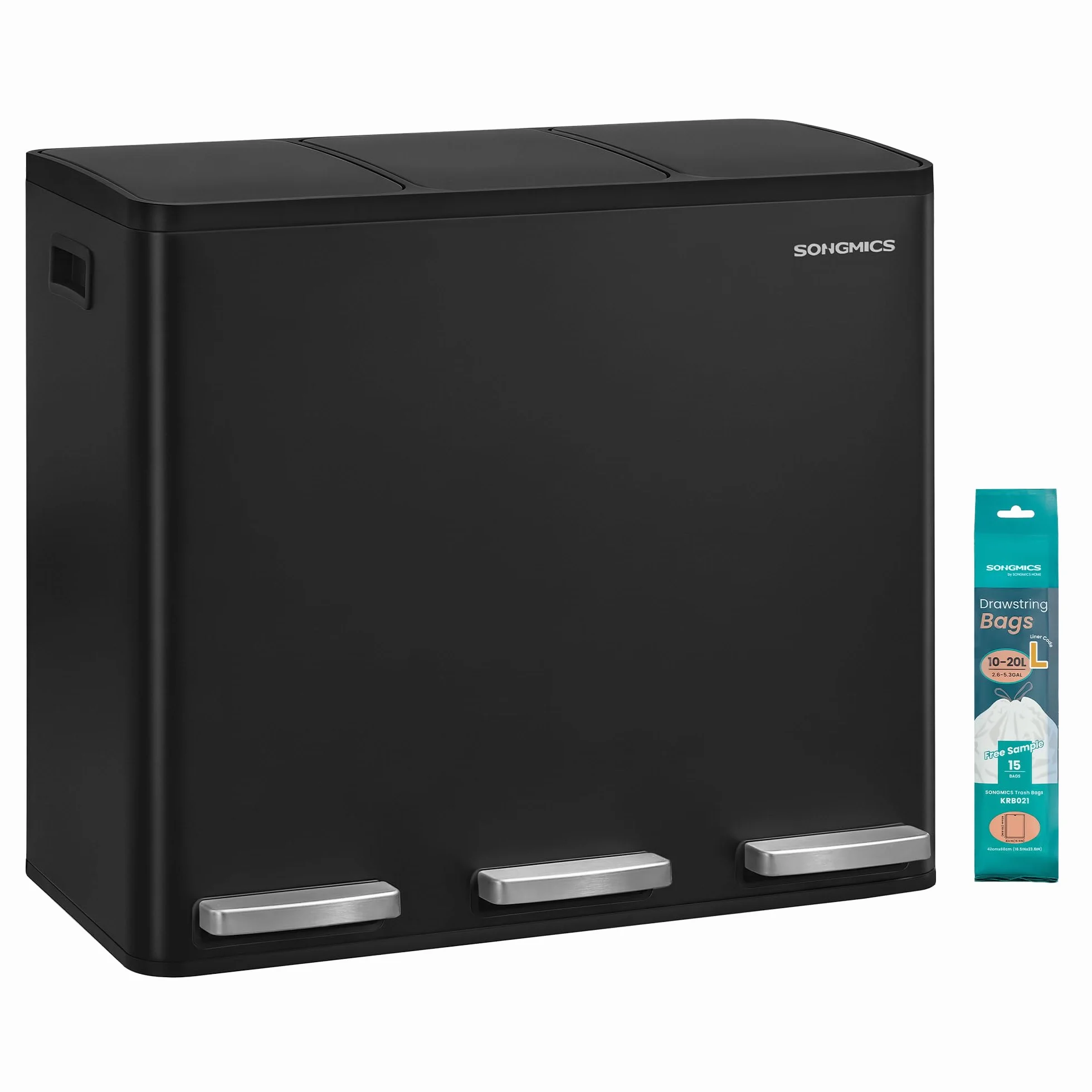 SONGMICS Kosz na śmieci kuchenny, 3 x 18 l, system segregacji śmieci, 3 przegródki, kosz na śmieci z 15 workami na śmieci, kosz na śmieci z pedałem, wyjmowany kosz wewnętrzny, pokrywka Softclose