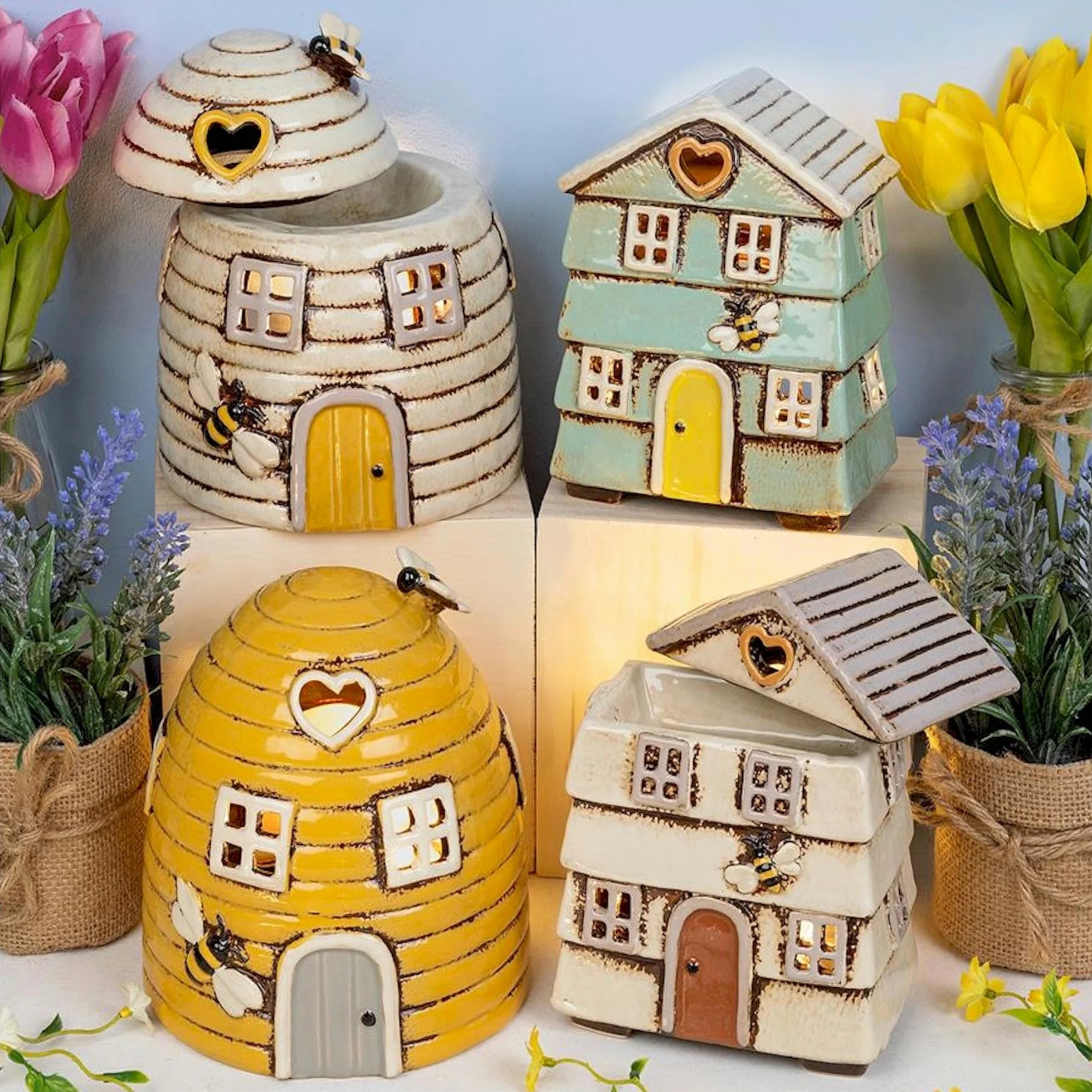 Village Pottery Aqua Blue Beehive House Tealight Holder