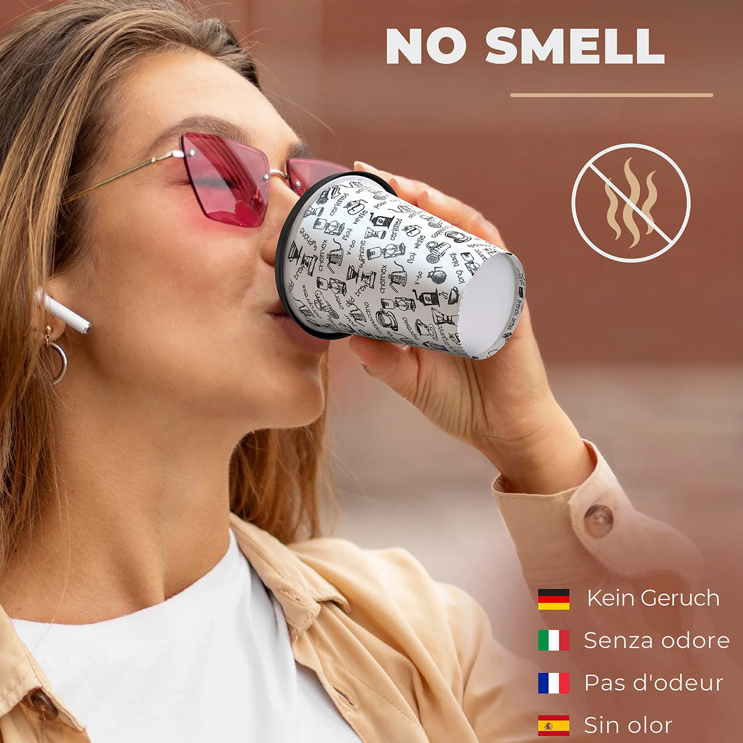 CupCup 100 Papierowych Kubków 240 ml, z Pokrywką i Drewnianymi Pałeczkami do Mieszania – Jednorazowy Kubek do Kawy, Herbaty, Gorących i Zimnych Napojów