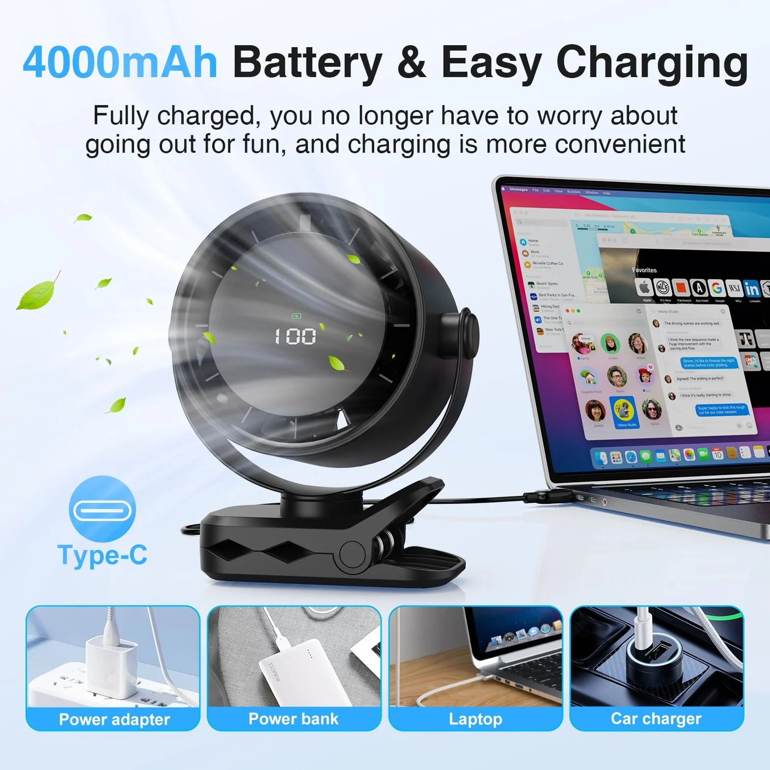 USB Mały Wentylator Biurkowy - 4000 mAh Przenośny Wentylator z Wyświetlaczem LED, Regulacją Prędkości na 5 Poziomach, Obratem o 360° w Poziomie i Pionie, Zawieszeniem na Klipsie