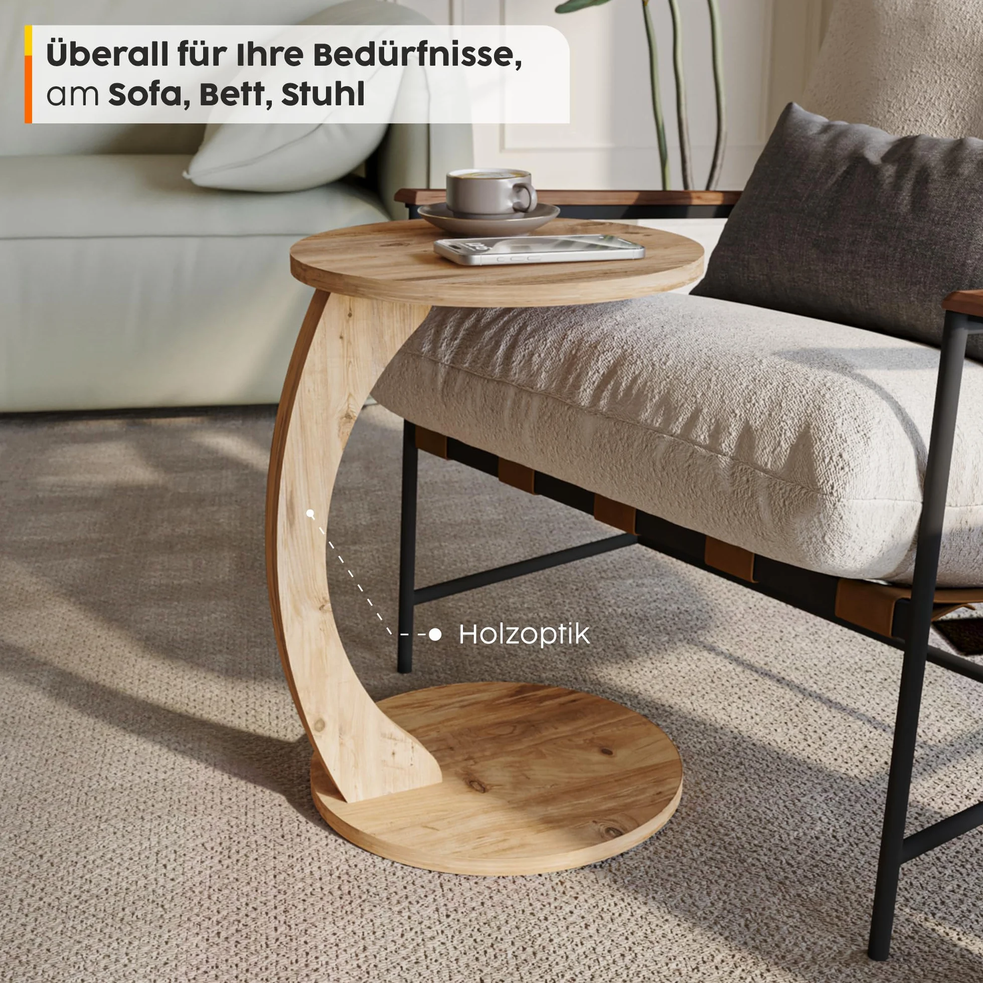 sugodesign Stolik kawowy na kółkach, mały stolik boczny w kształcie litery C, stylowy, o pięknym wyglądzie drewna orzechowego, okrągły stół jako dodatkowa powierzchnia przy kanapie i sofie