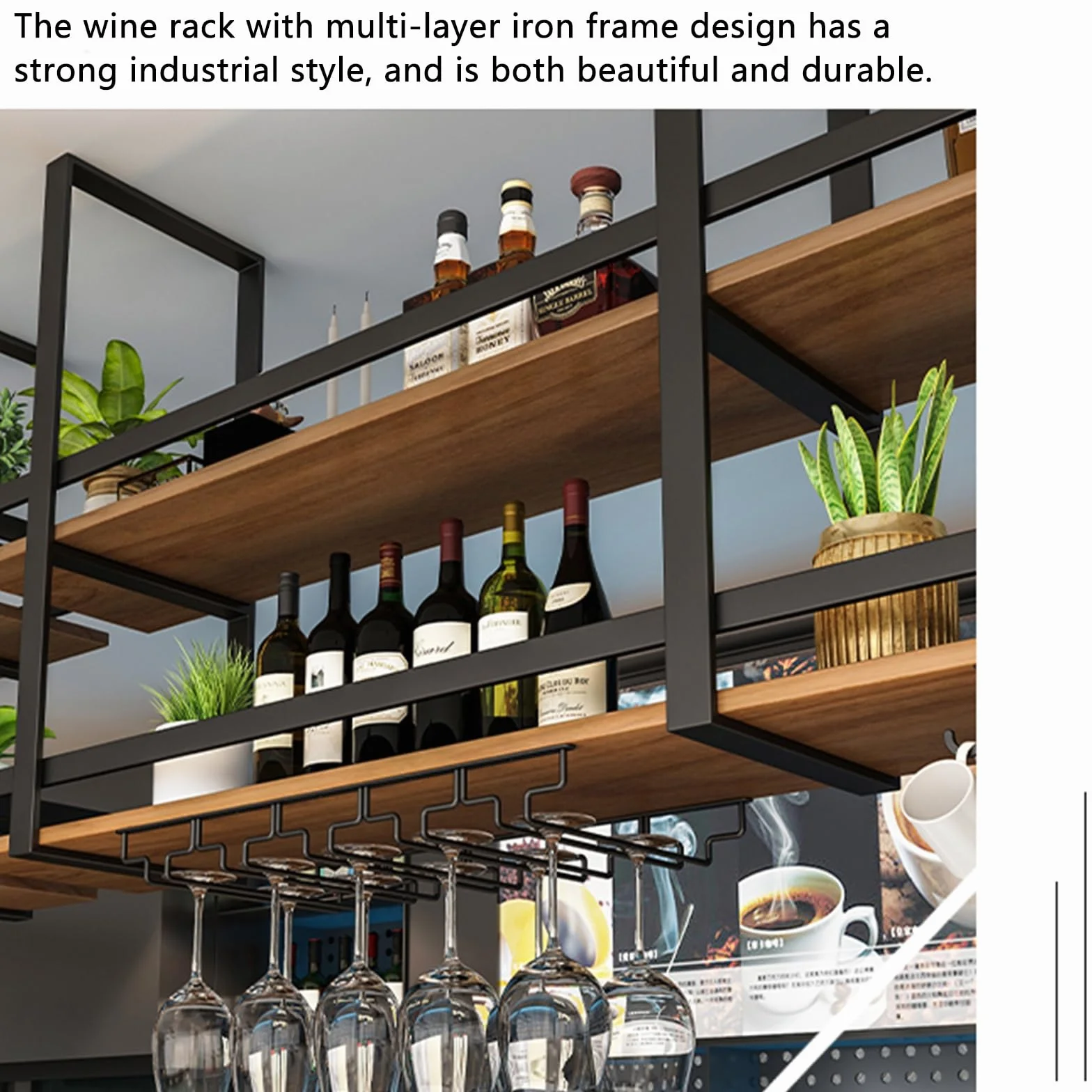 Montowany na suficie stojak na kieliszki do wina z żelazną półką ekspozycyjną na butelkę alkoholu, wielofunkcyjny, pływający organizer, półka do kuchni, 2-poziomowy, podwieszany metalowy stojak