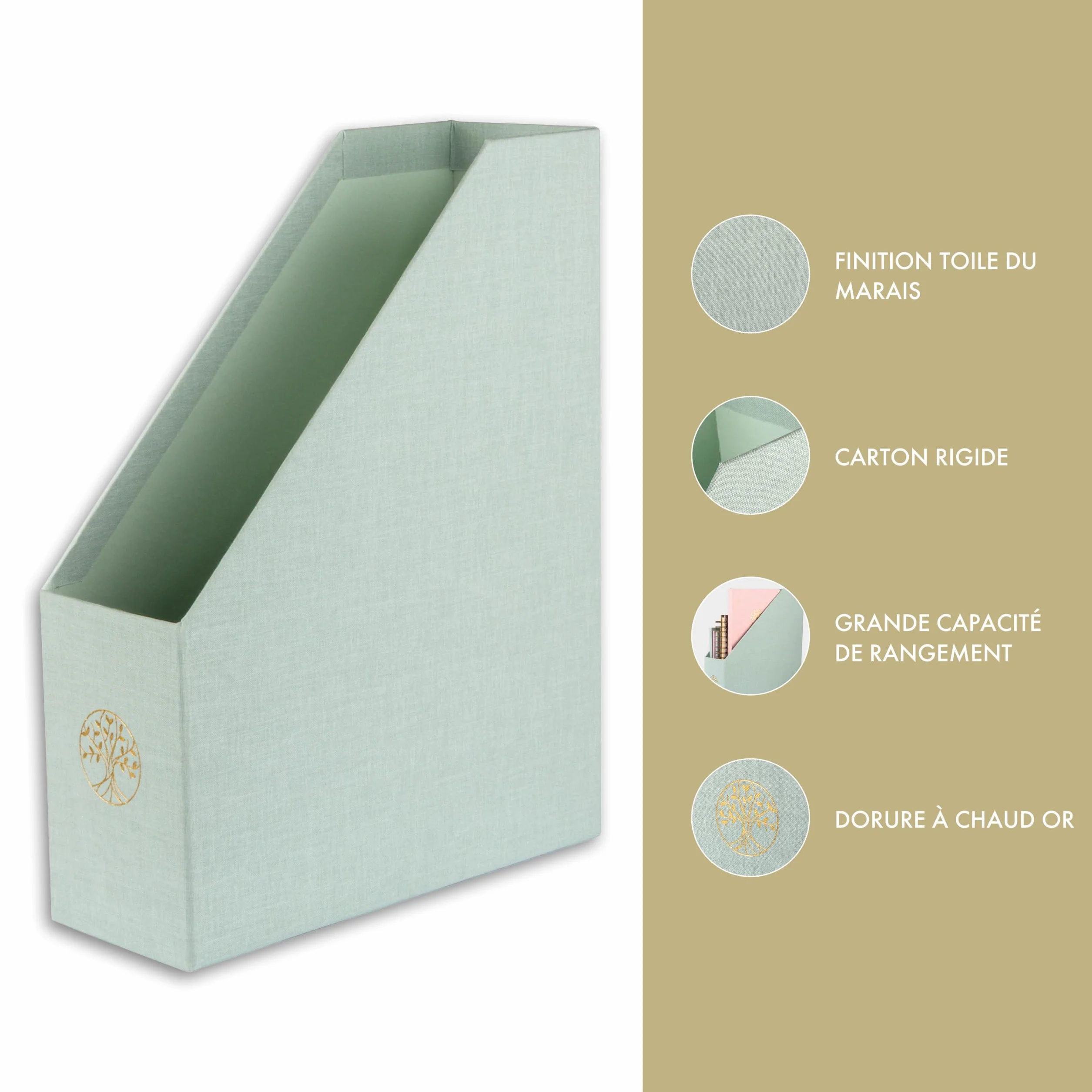 Clairefontaine 116237C – stojak na czasopisma Arbre de Vie na tle Toile du Marais w kolorze celadon – karton – 25 × 10 × 32,5 cm – home office – kolekcja Inspire