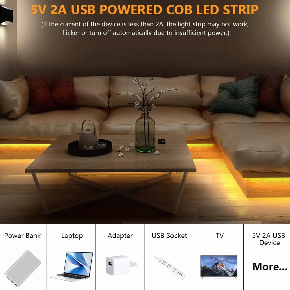 HOTUT Taśma LED COB LED, 3 m, ciepła biel, 5 V, ściemniana, elastyczna, samoprzylepna, do domu, kuchni, lustra, dekoracja