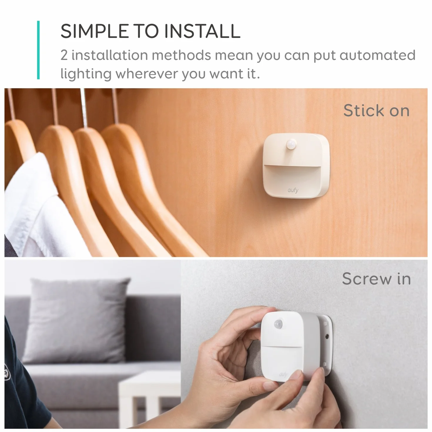 eufy Lumi 3-packs zestawy lampek nocnych LED z czujnikiem ruchu, ciepłe białe światło, automatyczne włączanie/wyłączanie, samoprzylepna lampka do szafy do pokoju dziecięcego, sypialni, energooszczędne