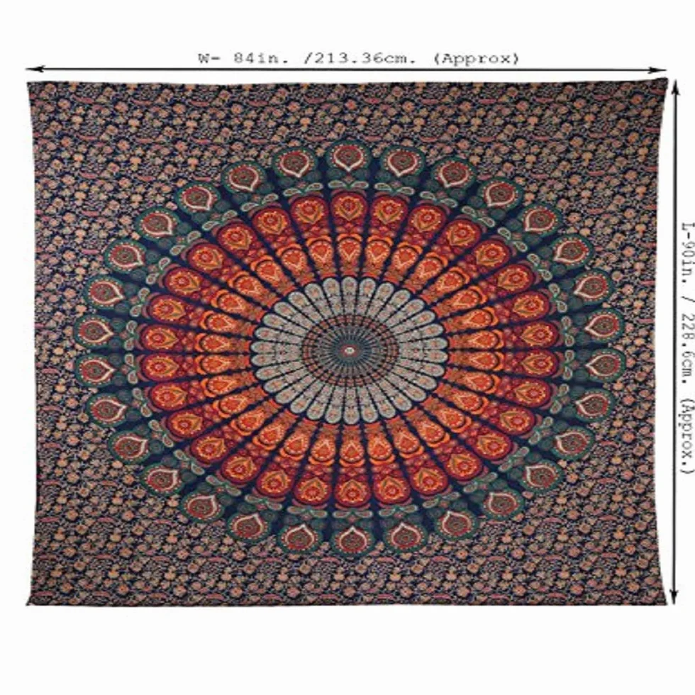 RAJRANG Gobelin z mandalą do sypialni, 213 x 230 cm, 100% bawełna, sztuka wisząca, ręcznik plażowy, paw, narzuta, boho, estetyczna dekoracja domu, gobeliny z piórami, złoto-niebieski