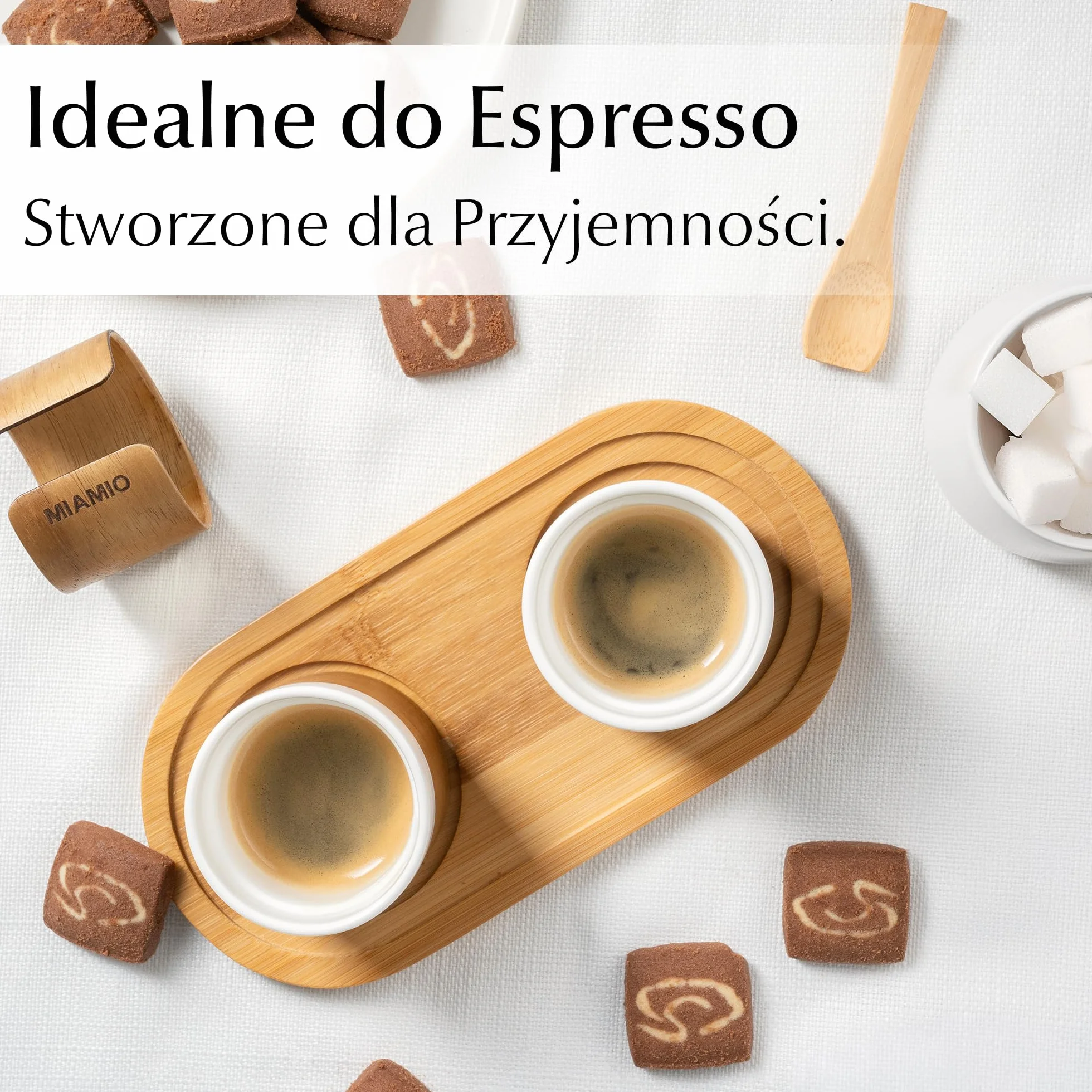 MIAMIO – Zestaw filiżanek do espresso 4 szt. (100 ml) Filiżanki do herbaty w stylu japońskim z ceramiki/Filiżanki bez uchwytu z demontowanym drewnianym mankietem (Biały)