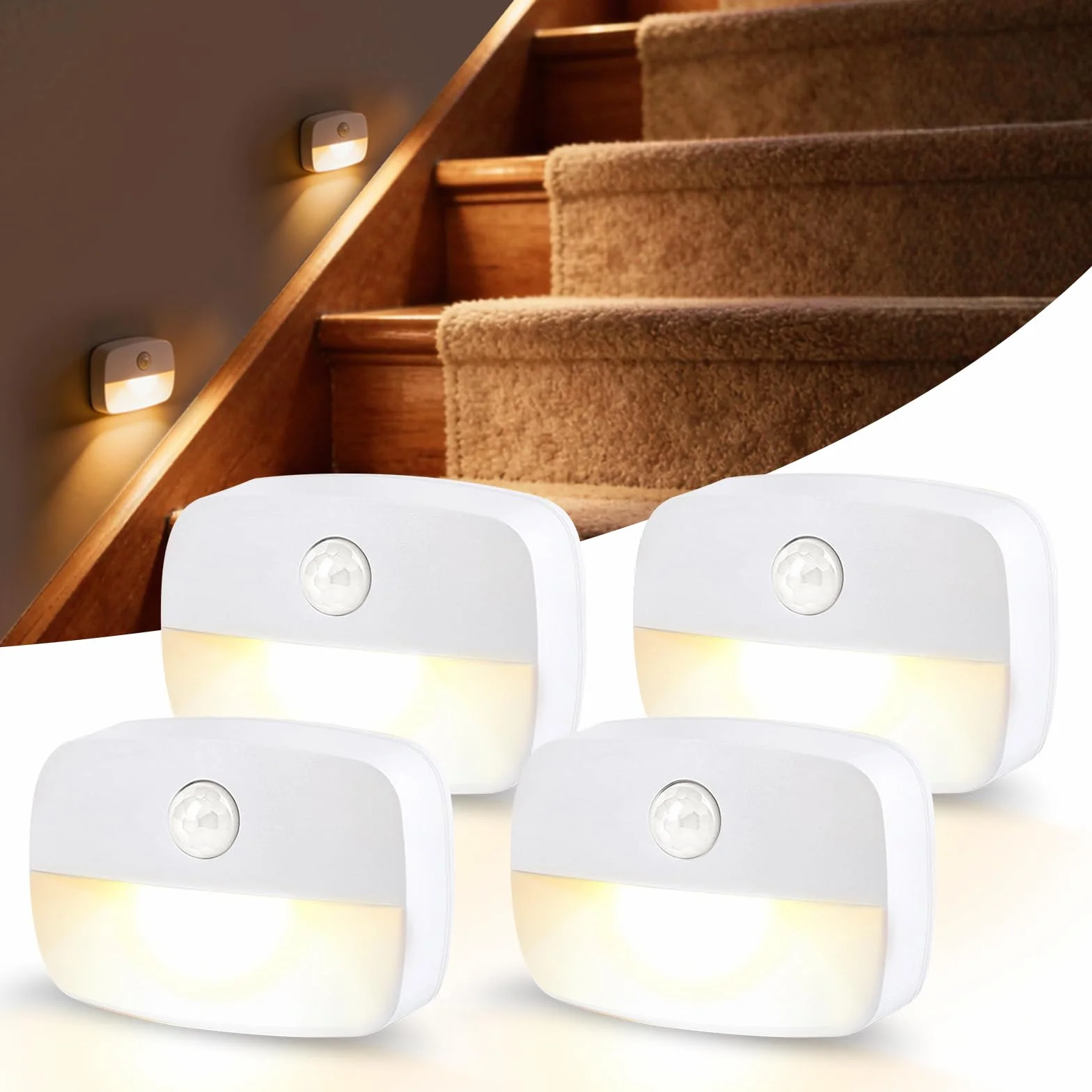 Lampka nocna LED z czujnikiem ruchu, 4 sztuki, lampka nocna dla dzieci, z baterią, do wnętrz, oświetlenie szafki, automatyczne włączanie/wyłączanie, światło do korytarza, schodów, łazienki, sypialni