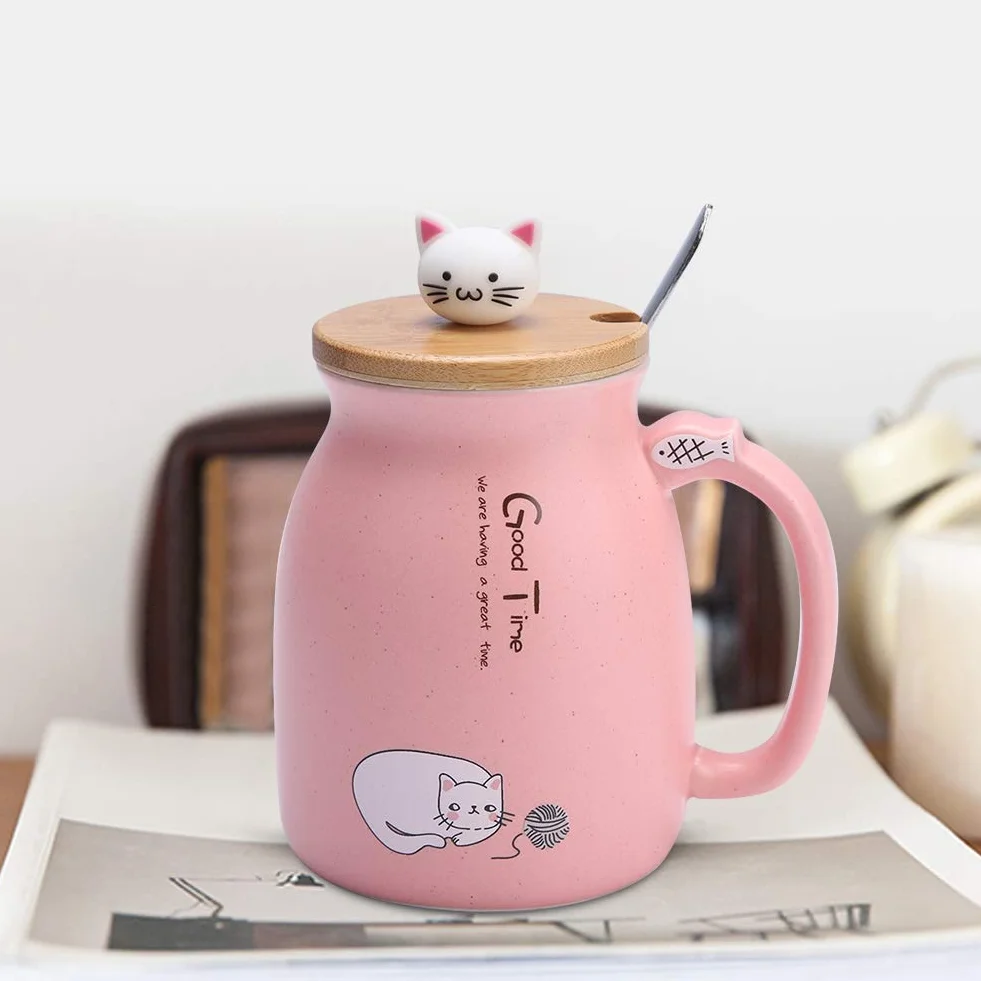 Kubek dla kota 420 ml śliczny ceramiczny kubek do kawy z pięknym kotkiem drewniana pokrywka łyżka ze stali nierdzewnej, poranna filiżanka herbata mleko świąteczny kubek(Pink)