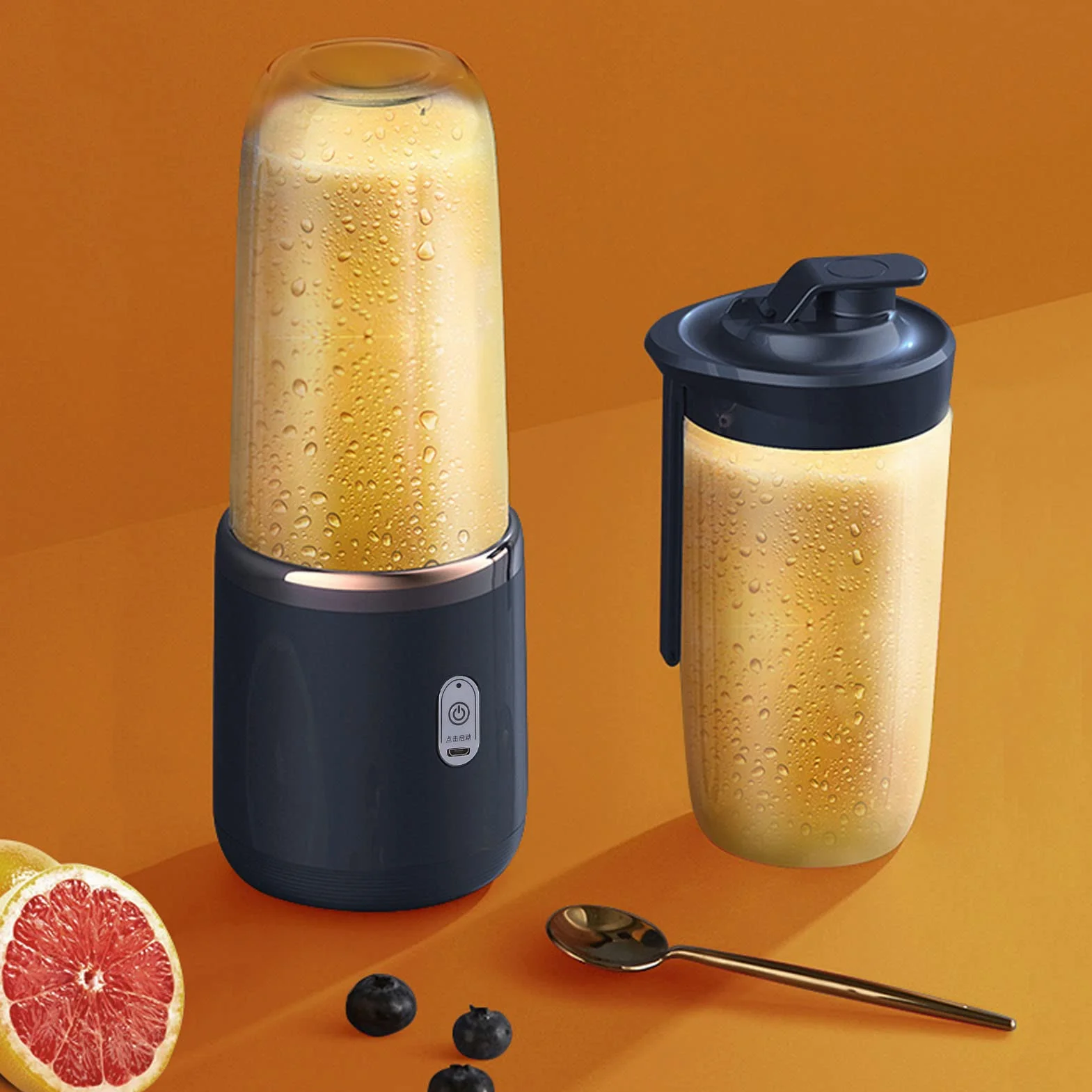 Mini mikser elektryczny, przenośny blender 300 ml, blender owocowy, 1200 MAh, mini ekstraktor do soku ładujący USB z pokrywką, 6 ostrzy do (niebieski, 6 ostrzy, pokrywka)
