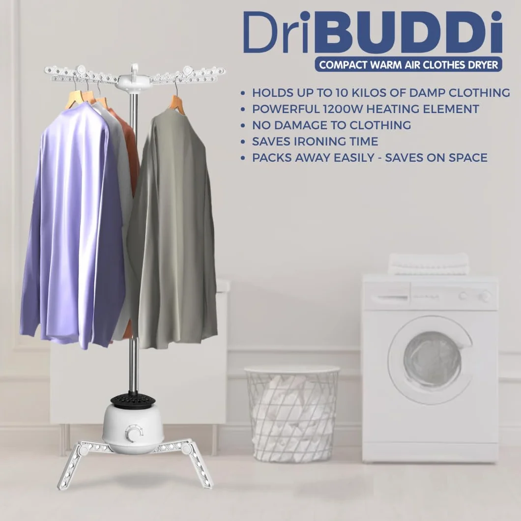 DriBUDDi Compact, elektryczna i przenośna suszarka do ubrań | 850 W, pojemność 10 kg, delikatne suszenie bez zagnieceń, oszczędność energii (nowy projekt 30% bardziej wydajny)