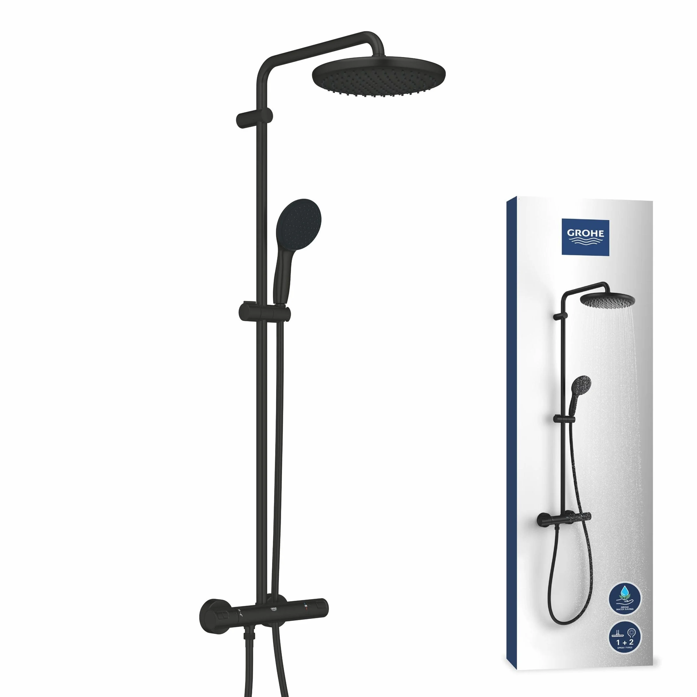 Grohe Vitalio 250 266772431 system prysznicowy oszczędzający wodę 8 l na min (2 rodzaje strumienia, obrotowe ramię prysznicowe, blokada bezpieczeństwa przy temperaturze 38C, system zapobiegający