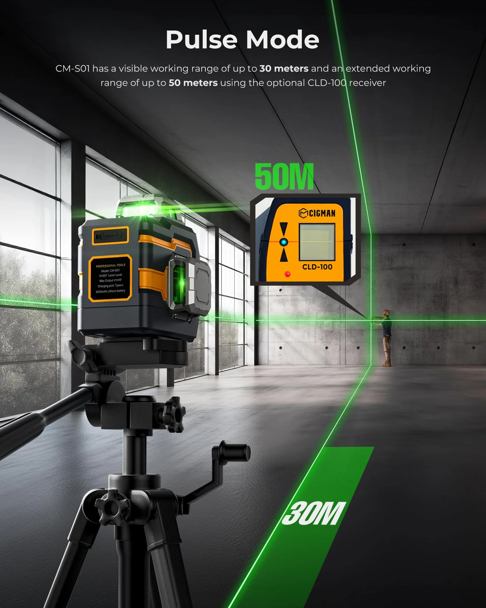 Laser krzyżowy, Cigman App Inteligentna kontrola 3x360 stopni samodzielna laserowa skala wody laserowej, z akumulatorami litowymi, laserowym laserowym zielonym laserowym zielonym do użytku (CM-S01)
