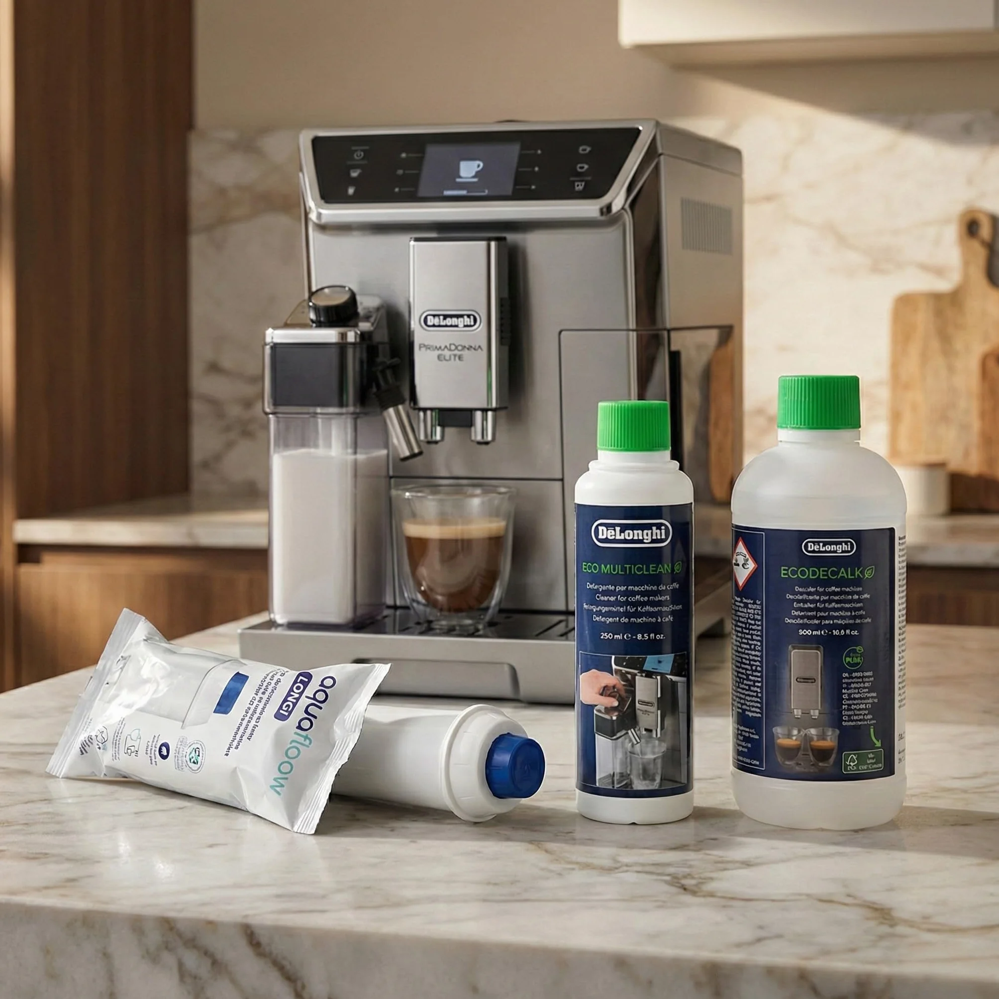 Aquafloow Zestaw Pielęgnacyjny kompatybilny z DeLonghi – 3x Filtr Wody (za DLSC002), EcoDecalk Odkamieniacz (500ml) & Eco MultiClean (250ml) – Kompletny Pakiet Serwisowy