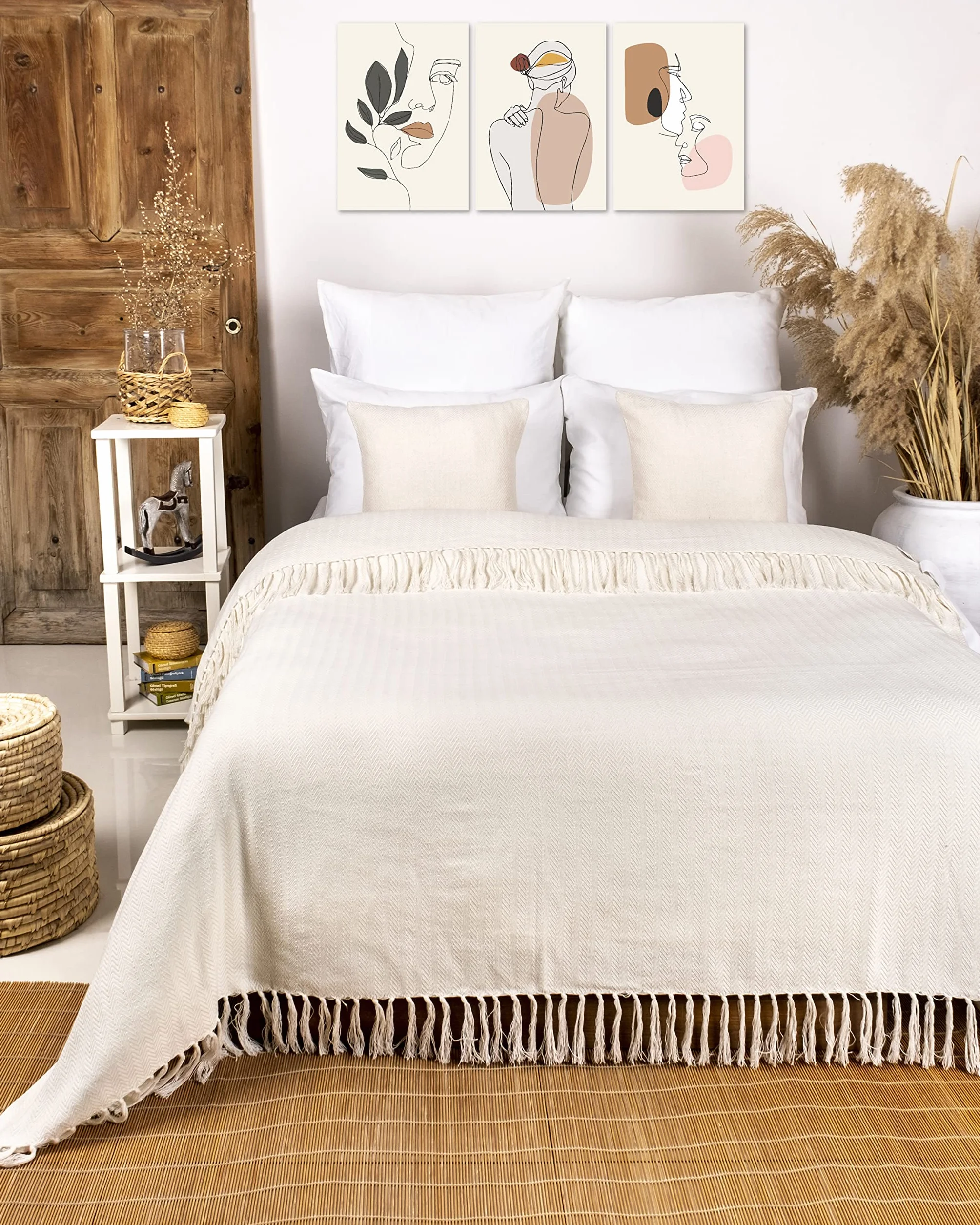 Gräfenstayn Narzuta klasy premium z frędzlami, 100% bawełna, wzór w jodełkę, koc, na lato, na łóżko, na kanapę, na sofę, 180 x 240 cm, kremowa