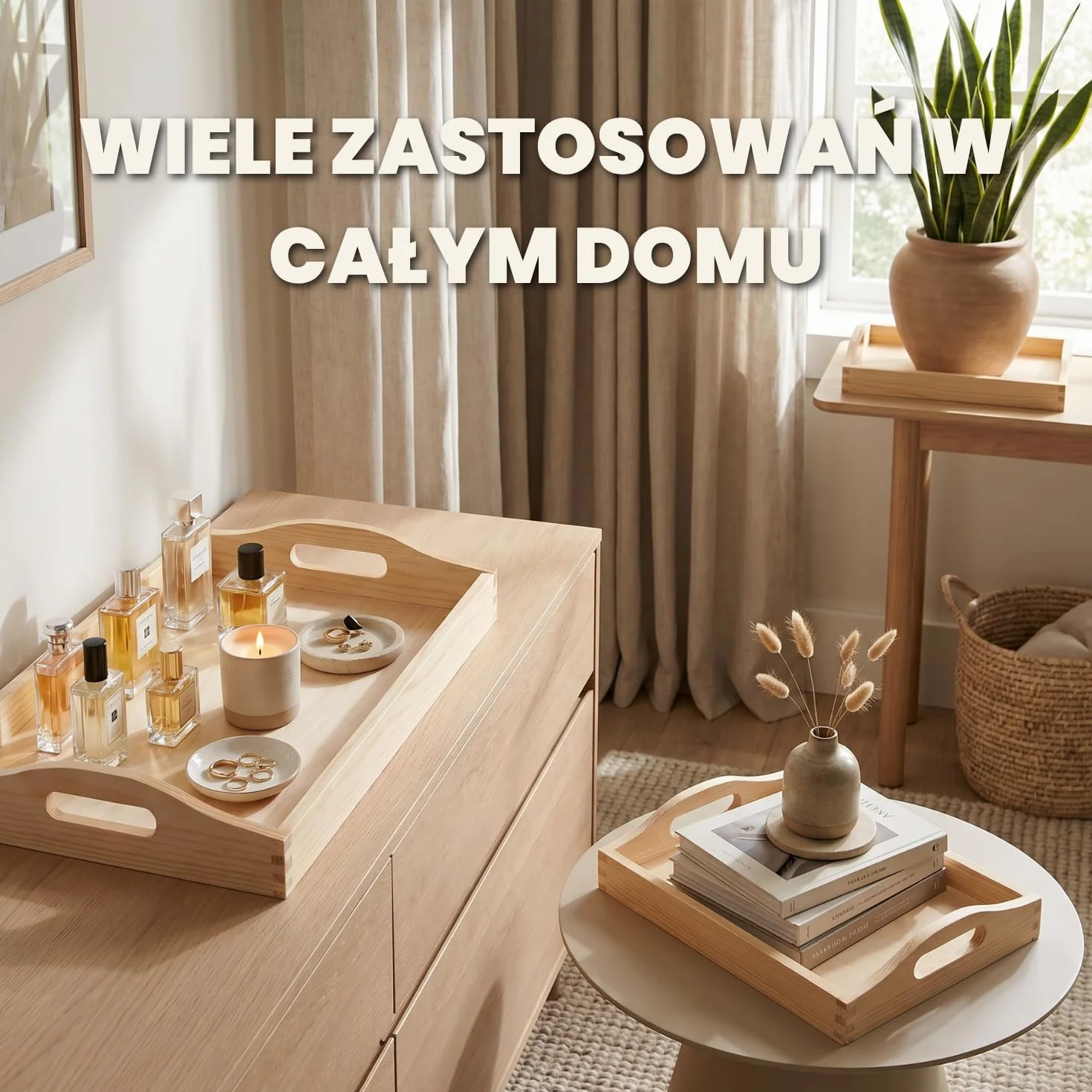 Zestaw drewnianych tac 3 szt. - prostokątne tace do serwowania w 3 rozmiarach z ergonomicznymi uchwytami i podwyższonym rantem, duże tace do kuchni i serwowania