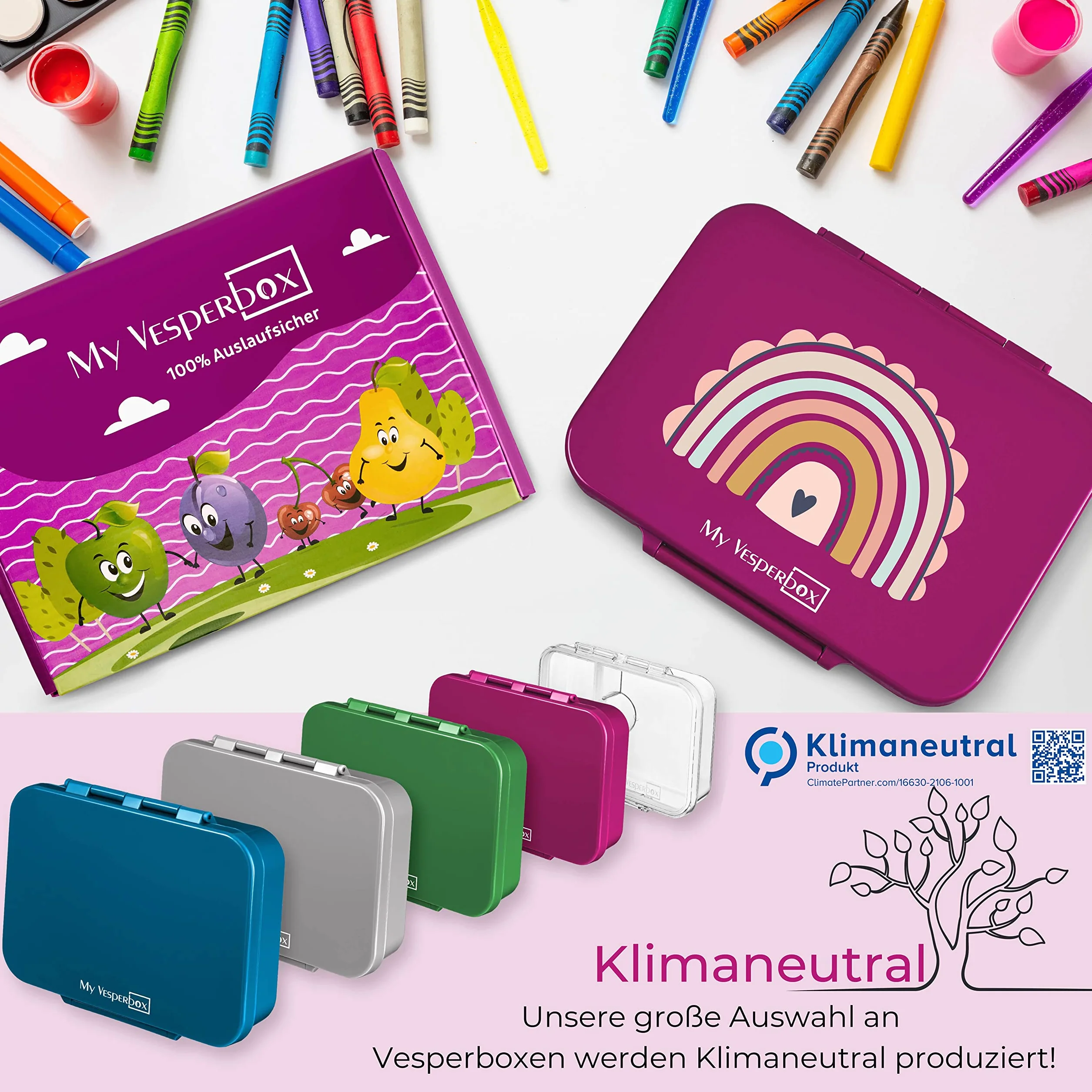 My Vesperbox Bia Bento Box dla dzieci szczelne wolne od BPA wzmocnione zamknięcia fioletowe tęczowe
