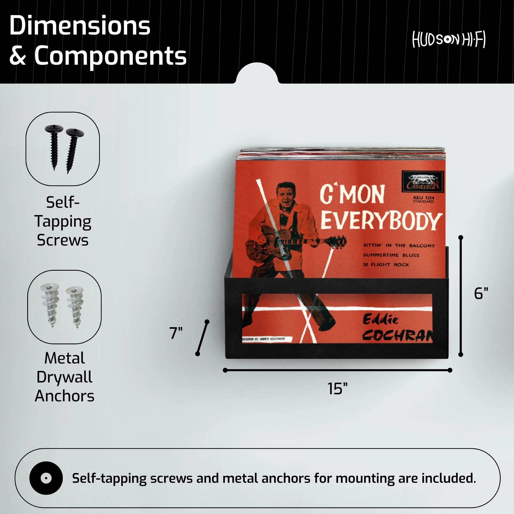 Hudson Hi-Fi Wall Mount Vinyl Record Storage 25-Album Display Holder - Black Satin - Two Pack