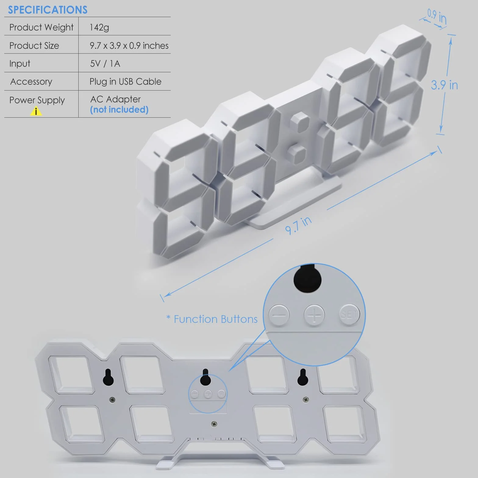 KOSUMOSU Zegar cyfrowy 3D LED zegar ścienny 24,6 cm, zegar stołowy, duży wyświetlacz, cyfrowy zegar ścienny, zegar biurkowy z pilotem zdalnego sterowania, temperatura 12/24 h (białe światło)