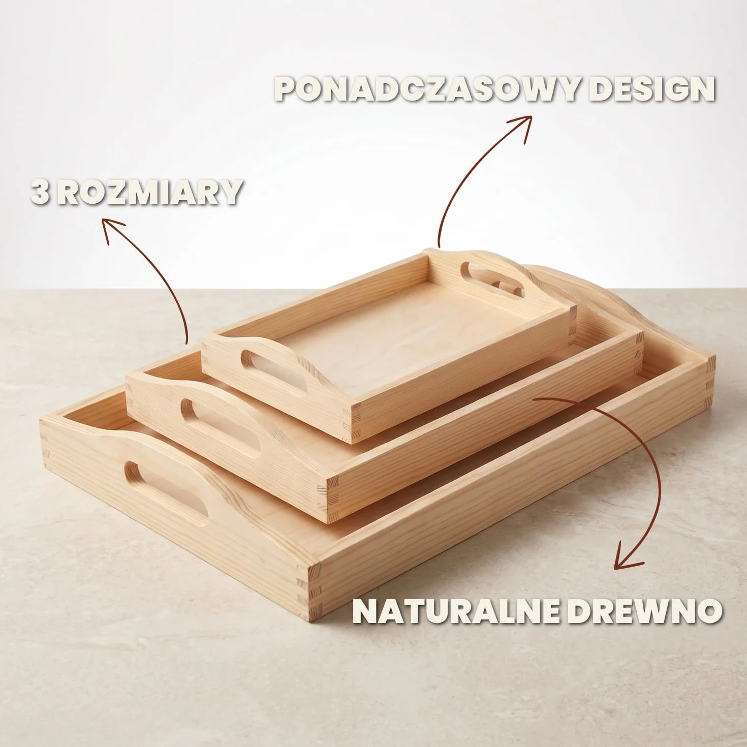 Zestaw drewnianych tac 3 szt. - prostokątne tace do serwowania w 3 rozmiarach z ergonomicznymi uchwytami i podwyższonym rantem, duże tace do kuchni i serwowania